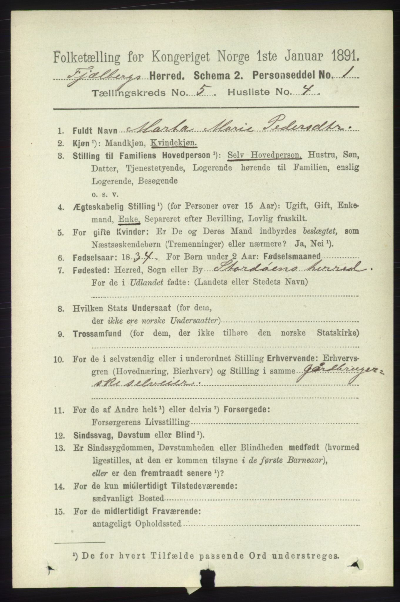 RA, 1891 census for 1213 Fjelberg, 1891, p. 1509