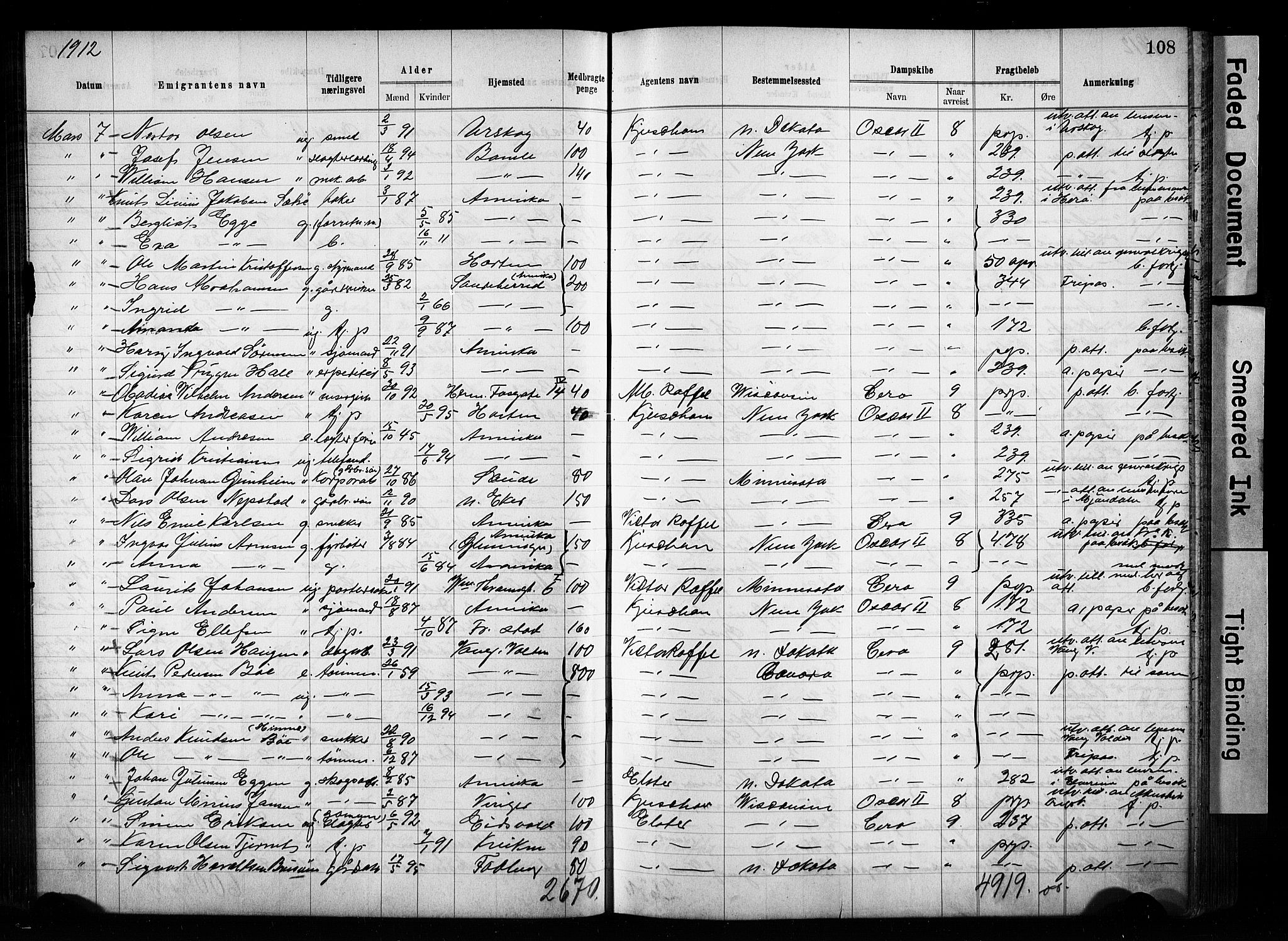 Oslo politidistrikt, AV/SAO-A-10085/E/Ee/Eef/L0029: Emigrantprotokoll, 1910-1913, p. 108