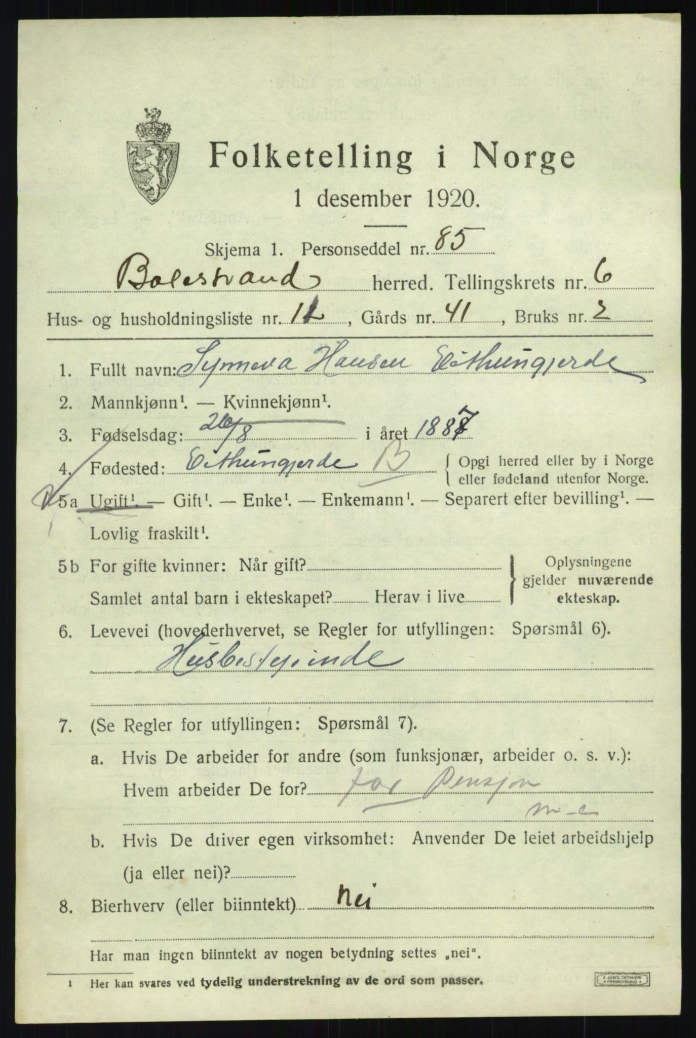 SAB, 1920 census for Balestrand, 1920, p. 3026