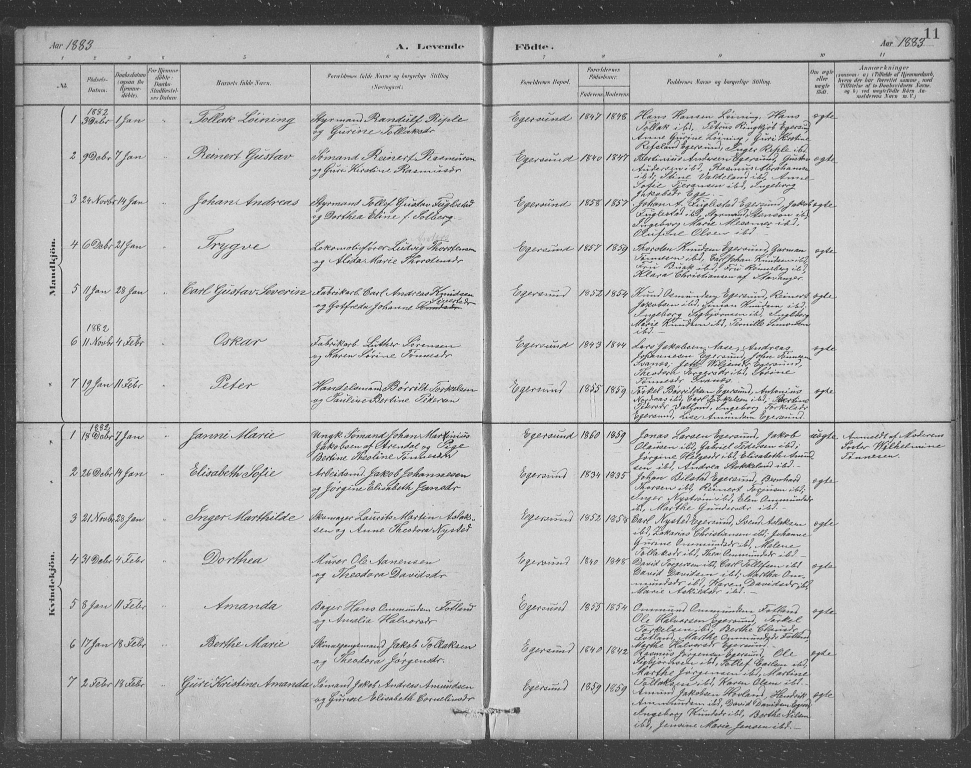 Eigersund sokneprestkontor, SAST/A-101807/S09/L0008: Parish register (copy) no. B 8, 1882-1892, p. 11