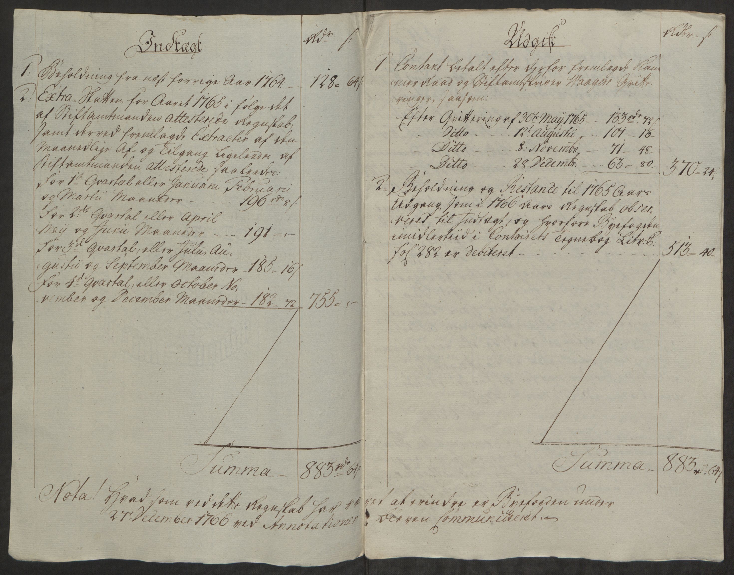 Rentekammeret inntil 1814, Reviderte regnskaper, Byregnskaper, AV/RA-EA-4066/R/Rr/L0495/0004: [R1] Kontribusjonsregnskap / Ekstraskatt, 1762-1772, p. 59