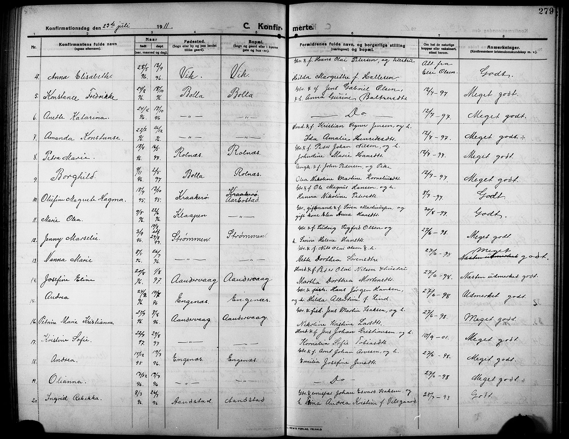 Ibestad sokneprestembete, AV/SATØ-S-0077/H/Ha/Hab/L0009klokker: Parish register (copy) no. 9, 1902-1914, p. 279