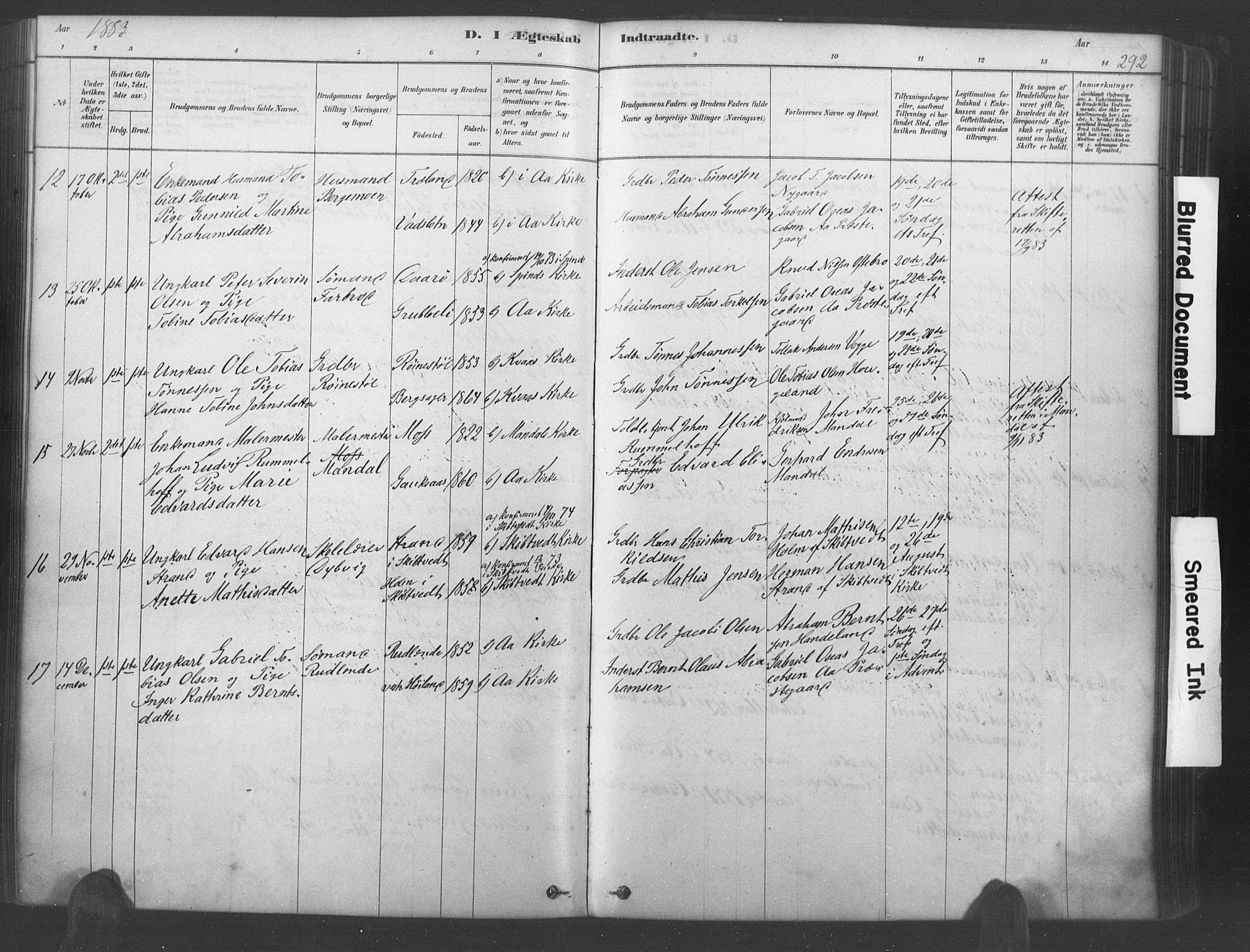 Lyngdal sokneprestkontor, AV/SAK-1111-0029/F/Fa/Fac/L0011: Parish register (official) no. A 11, 1878-1893, p. 292