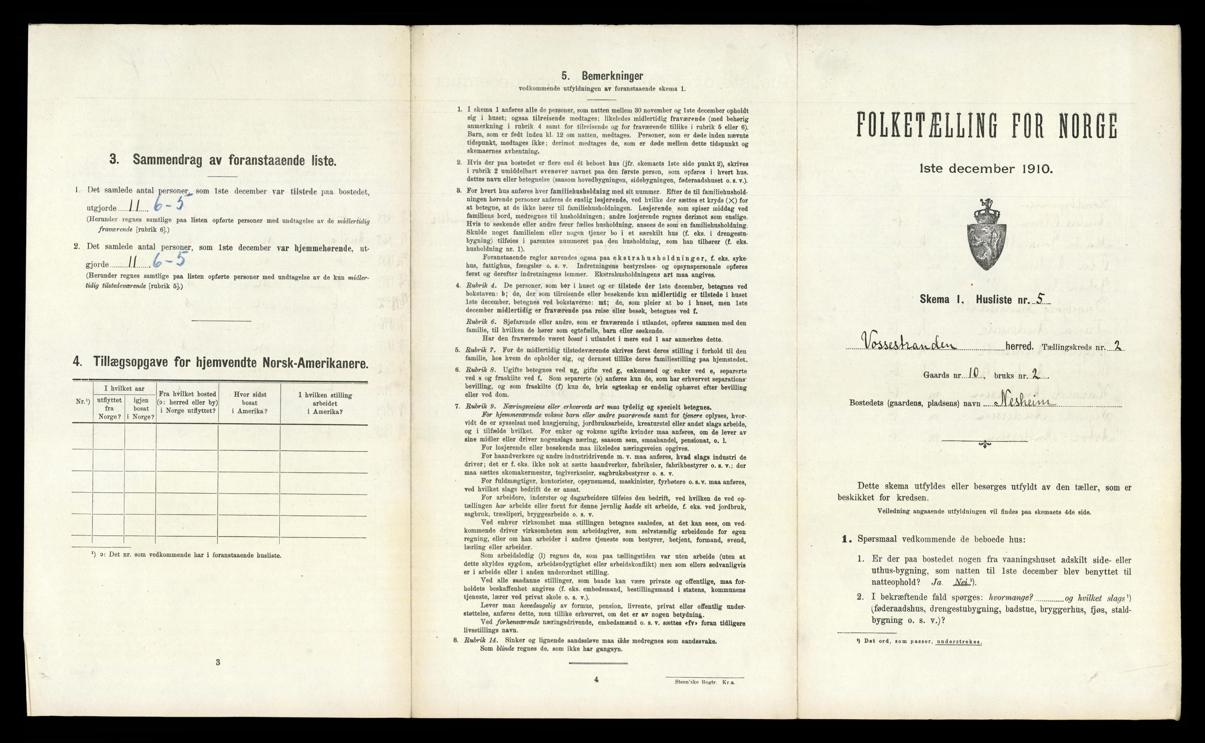 RA, 1910 census for Vossestrand, 1910, p. 213