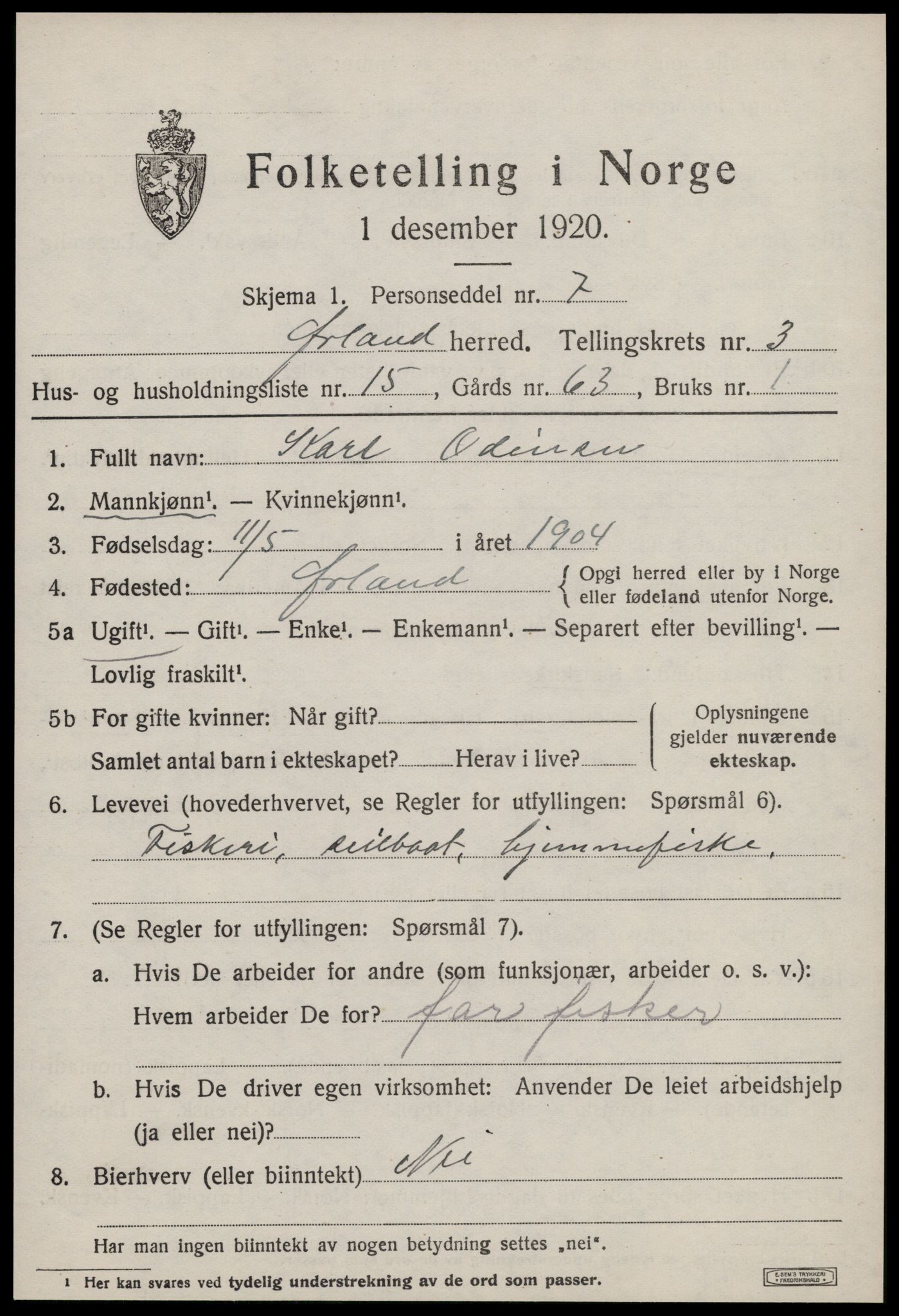 SAT, 1920 census for Ørland, 1920, p. 2653