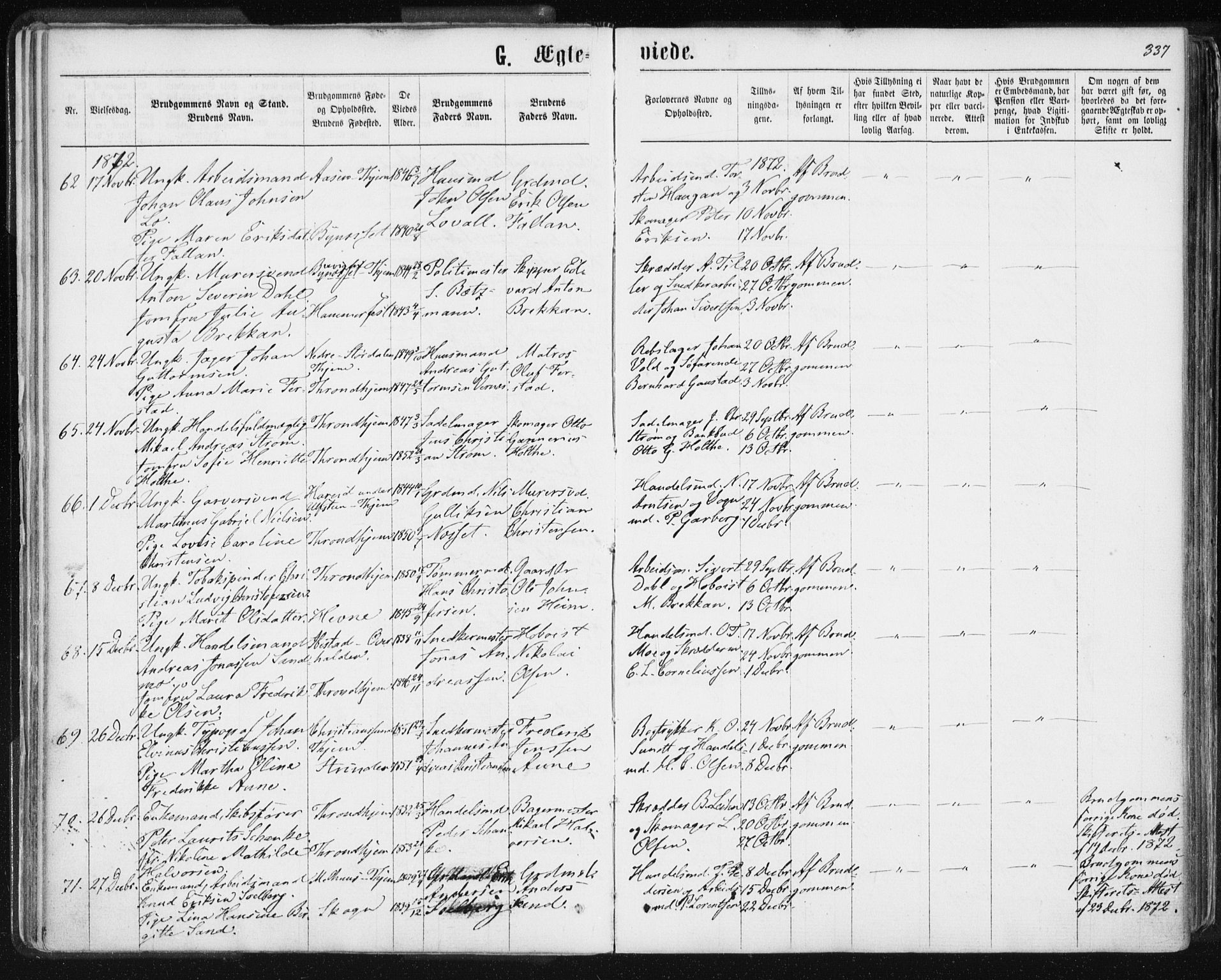 Ministerialprotokoller, klokkerbøker og fødselsregistre - Sør-Trøndelag, SAT/A-1456/601/L0055: Parish register (official) no. 601A23, 1866-1877, p. 337