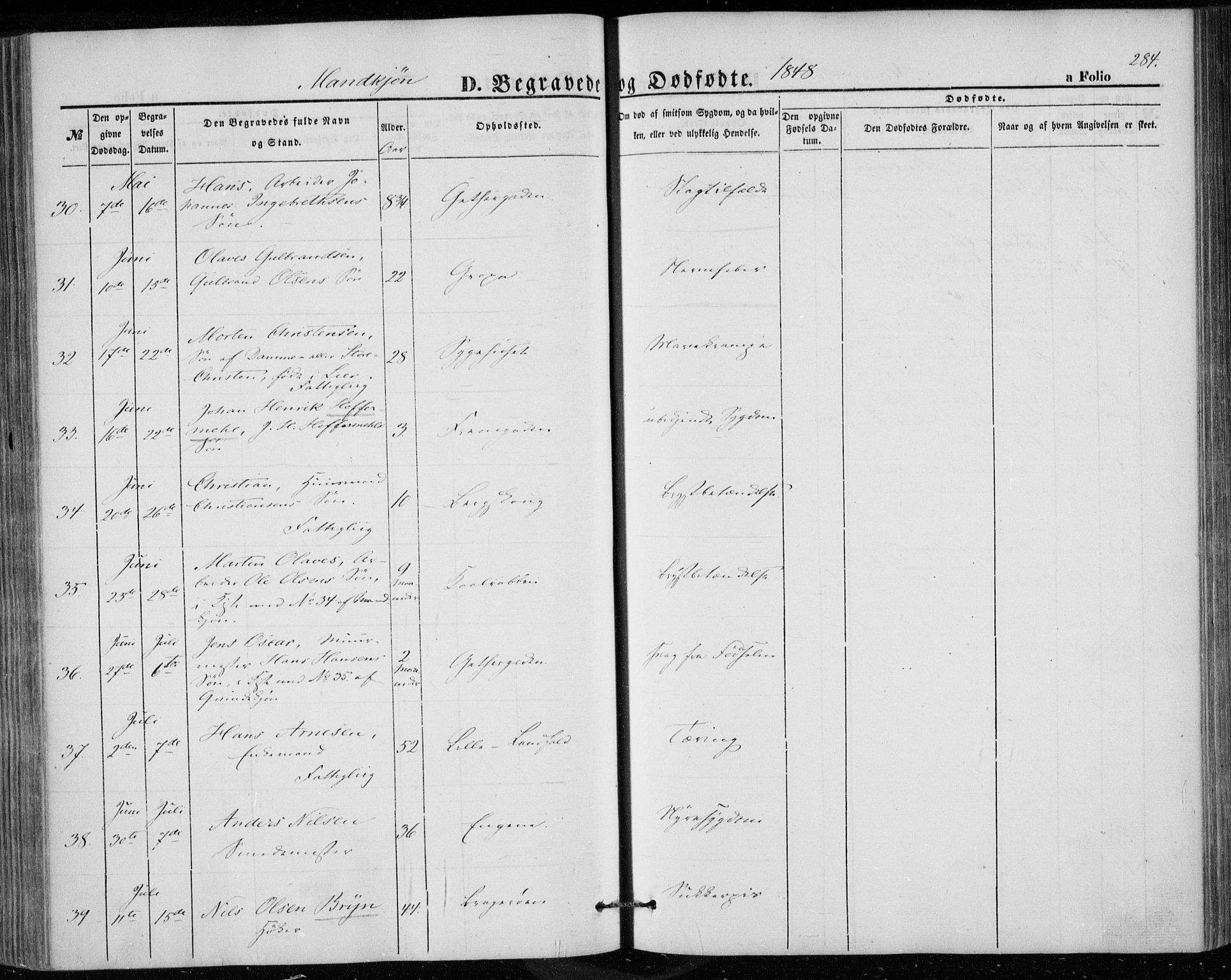 Bragernes kirkebøker, SAKO/A-6/F/Fb/L0002: Parish register (official) no. II 2, 1848-1859, p. 284