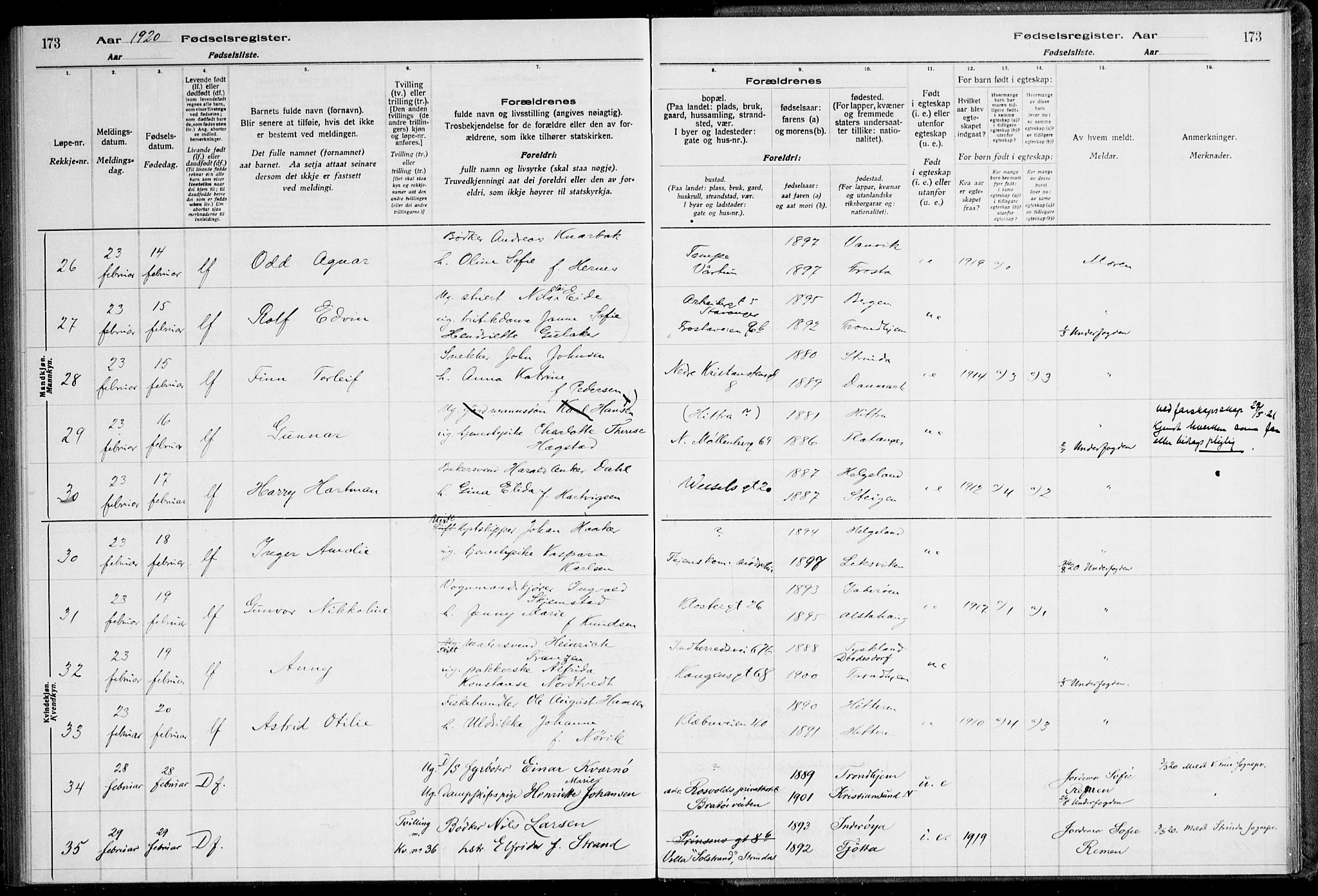 Ministerialprotokoller, klokkerbøker og fødselsregistre - Sør-Trøndelag, AV/SAT-A-1456/600/L0002: Birth register no. 600.II.4.1, 1916-1920, p. 173