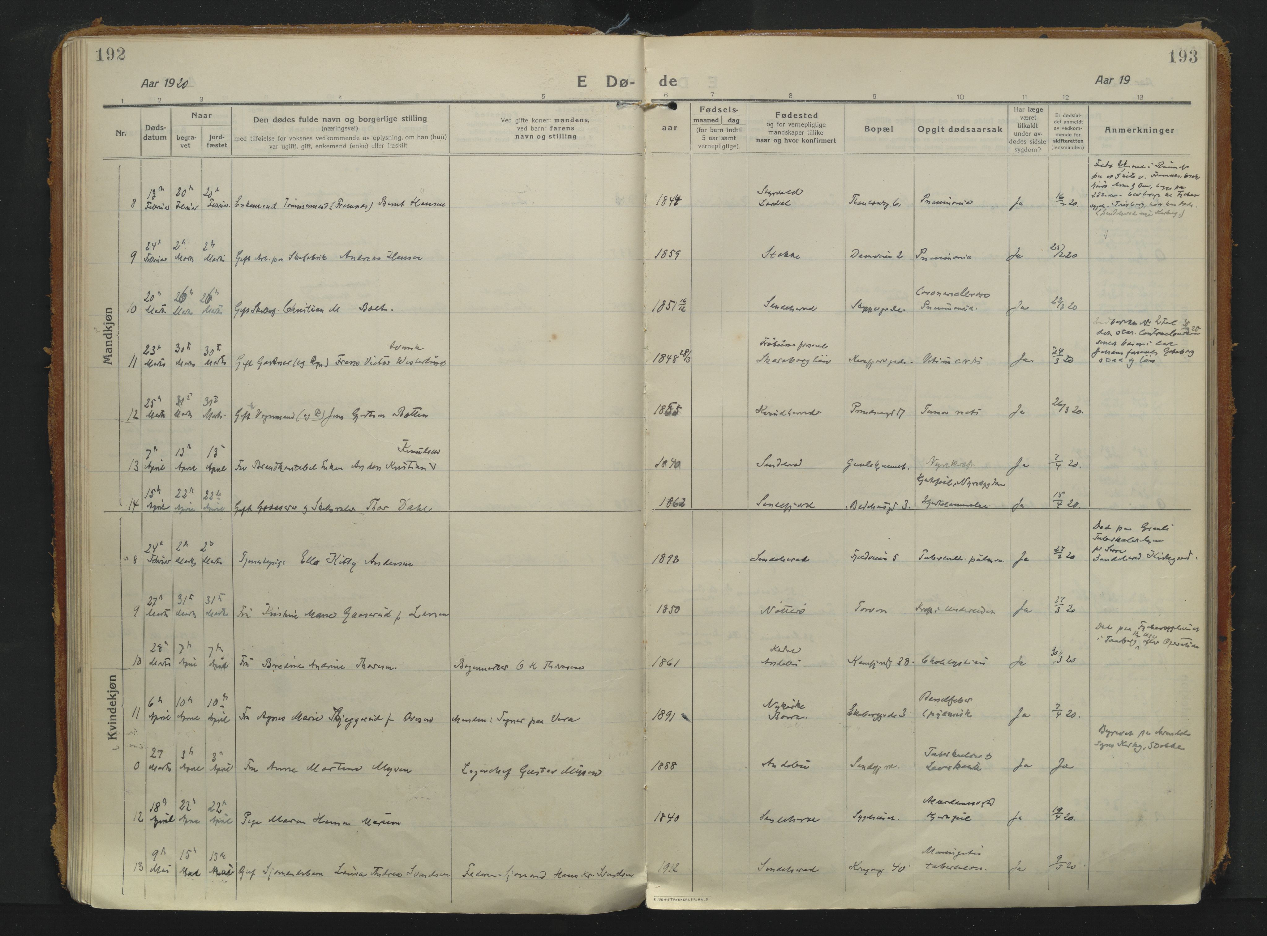 Sandefjord kirkebøker, SAKO/A-315/F/Fa/L0008: Parish register (official) no. 8, 1916-1926, p. 192-193