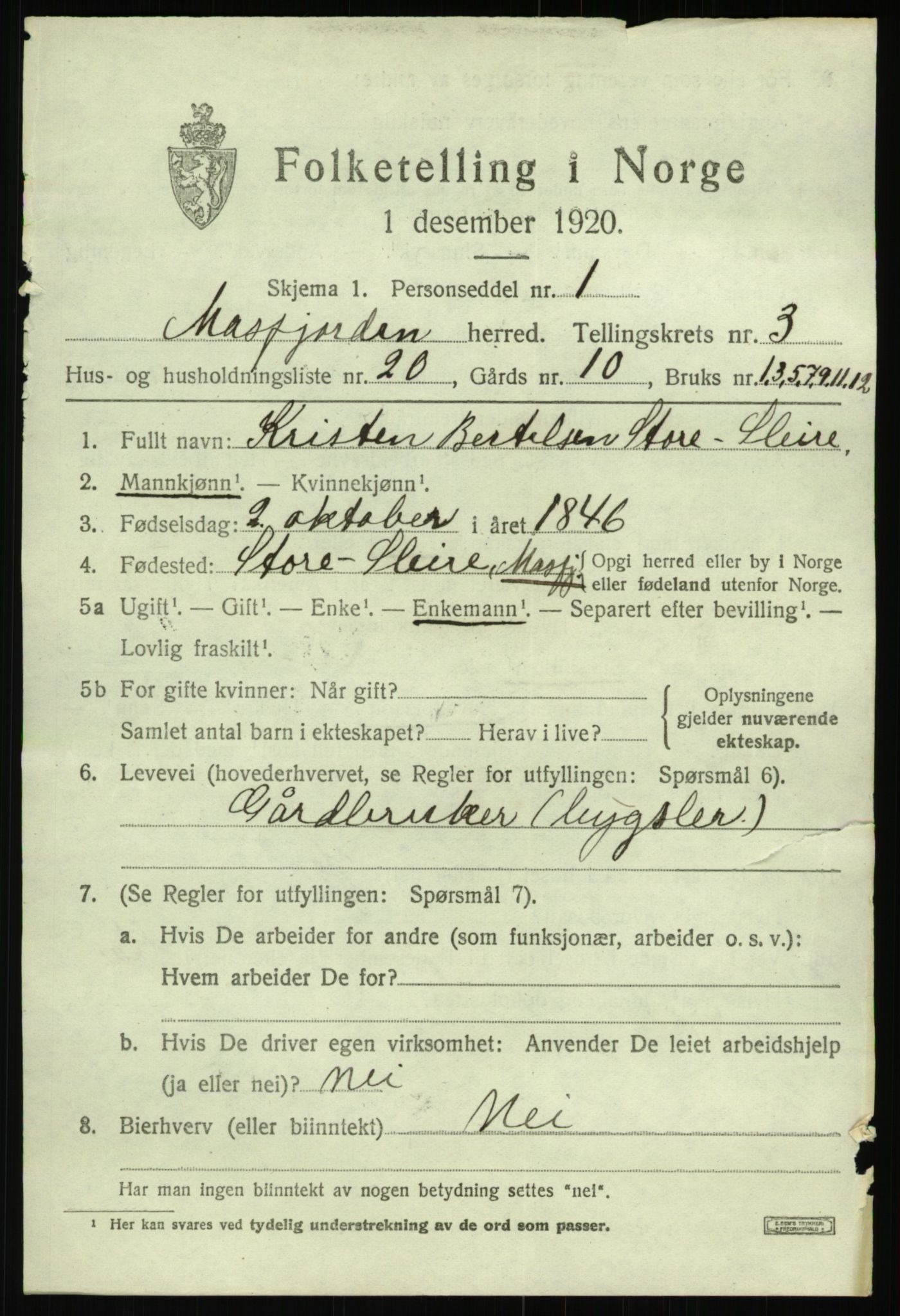 SAB, 1920 census for Masfjorden, 1920, p. 1671