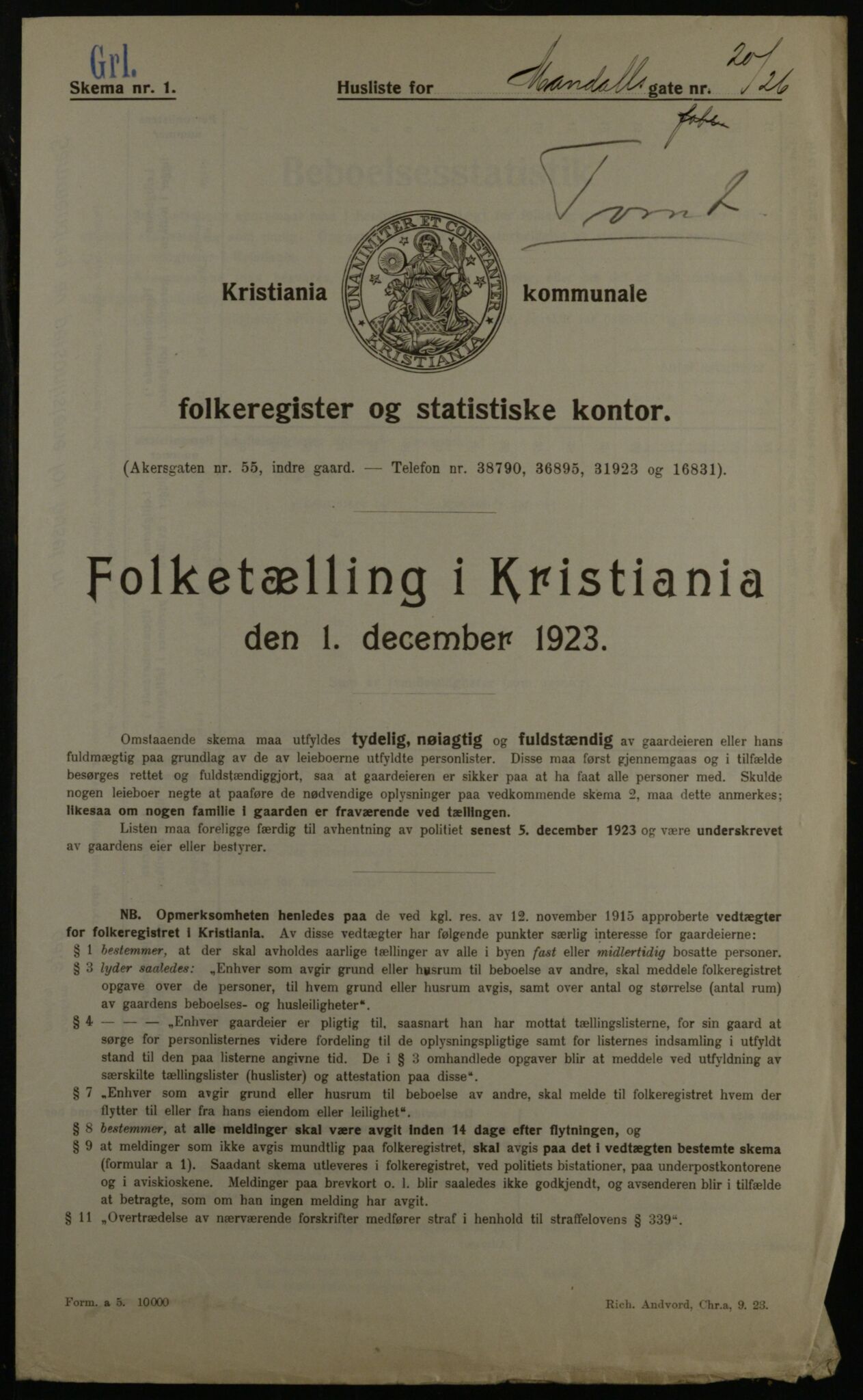 OBA, Municipal Census 1923 for Kristiania, 1923, p. 67122