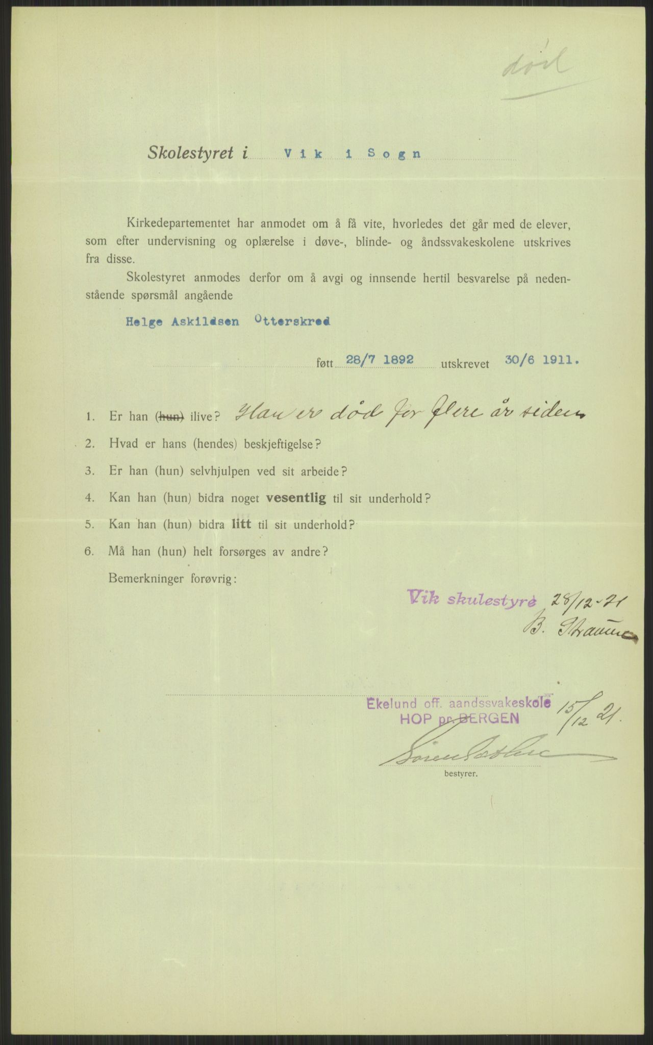 Kirke- og undervisningsdepartementet, 1. skolekontor D, AV/RA-S-1021/F/Fh/Fhl/L0044: Hvor blir det av elevene?, 1911-1921, p. 401