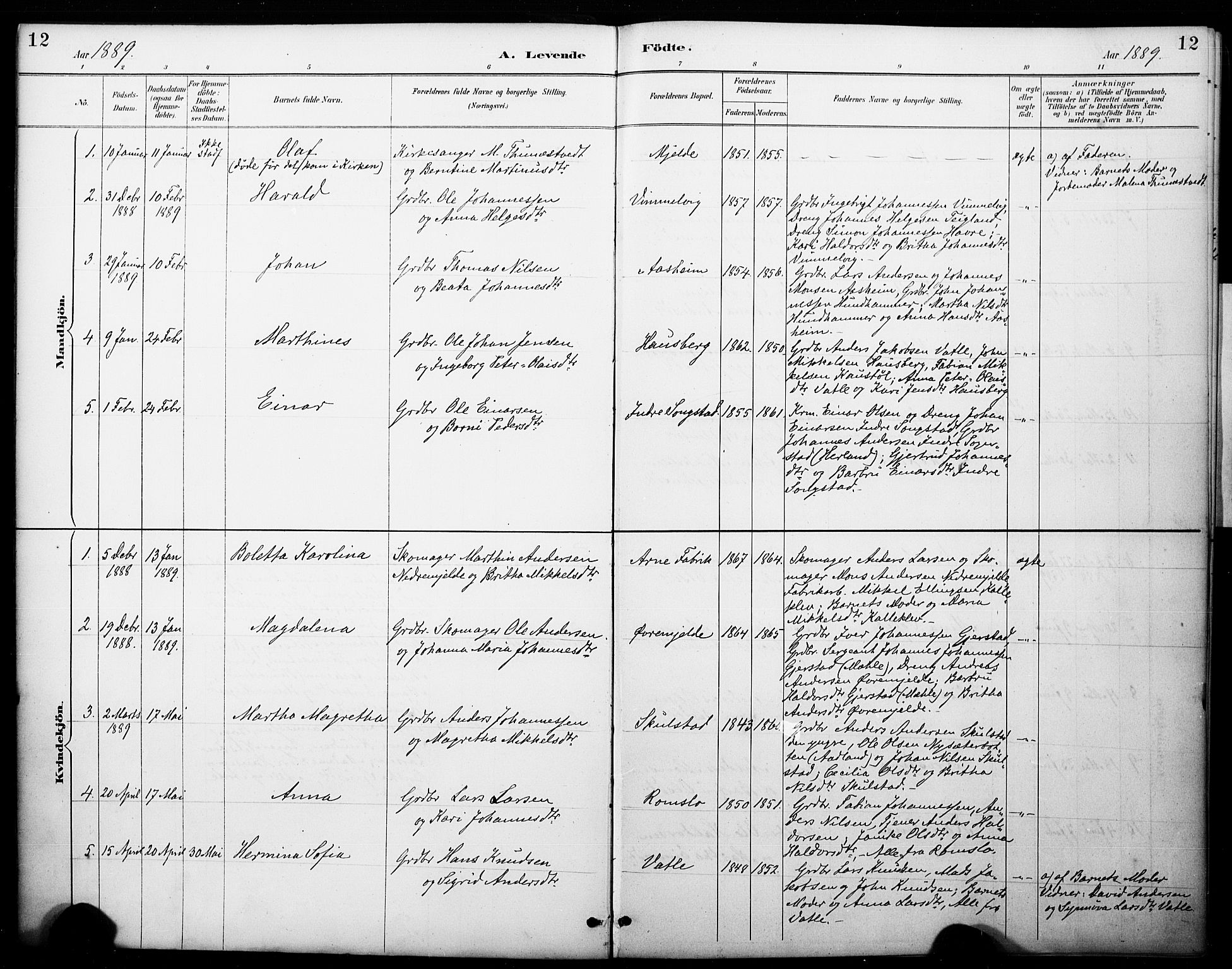 Haus sokneprestembete, SAB/A-75601/H/Haa: Parish register (official) no. B 1, 1887-1898, p. 12