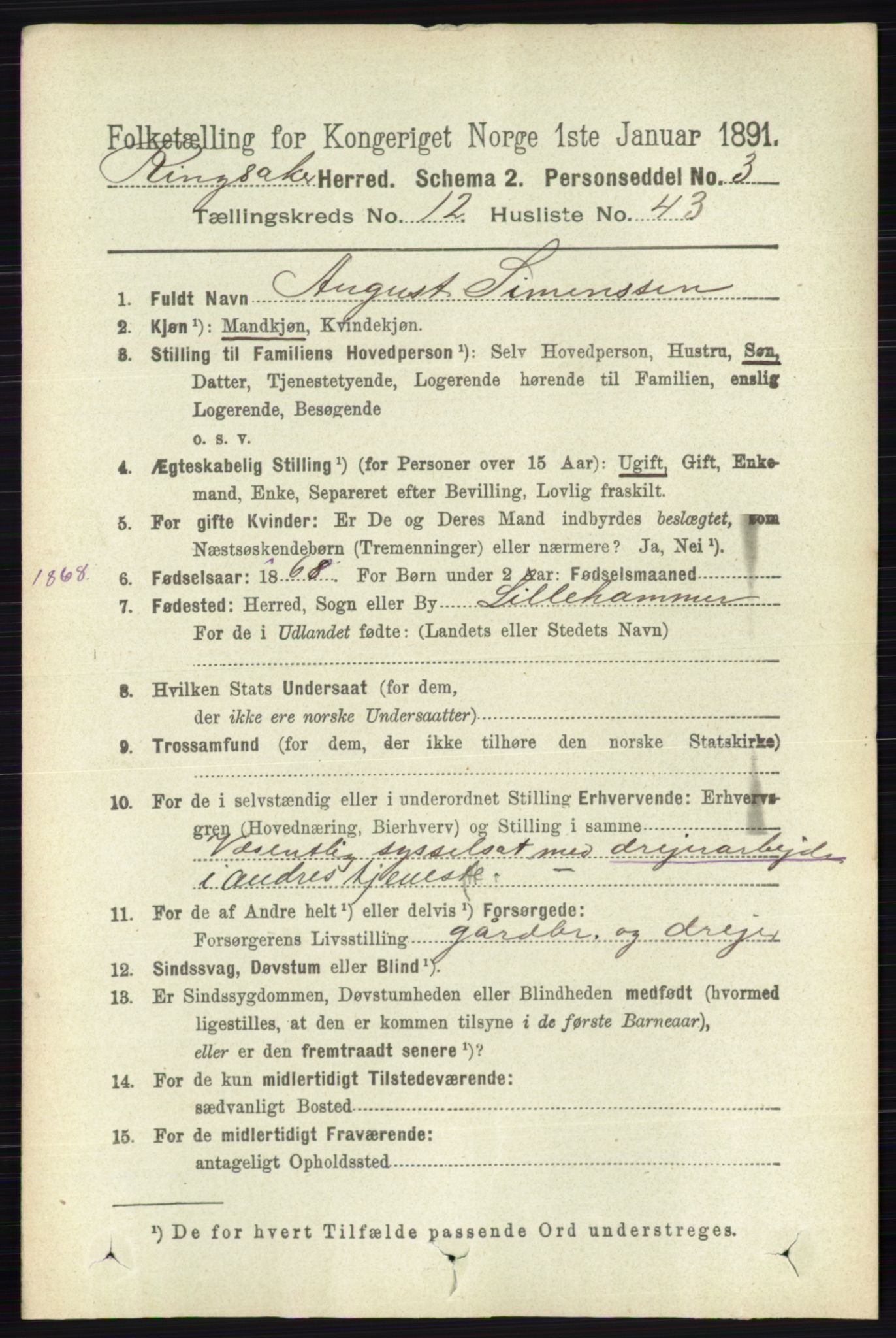 RA, 1891 census for 0412 Ringsaker, 1891, p. 6984