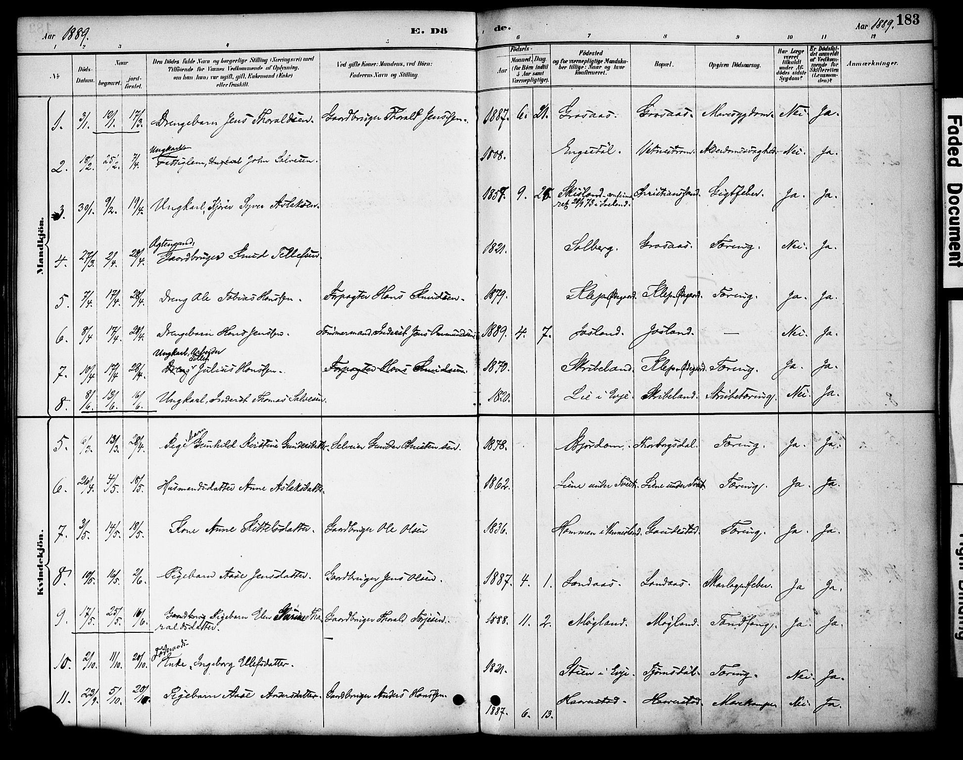 Evje sokneprestkontor, SAK/1111-0008/F/Fa/Fac/L0003: Parish register (official) no. A 3, 1884-1909, p. 183