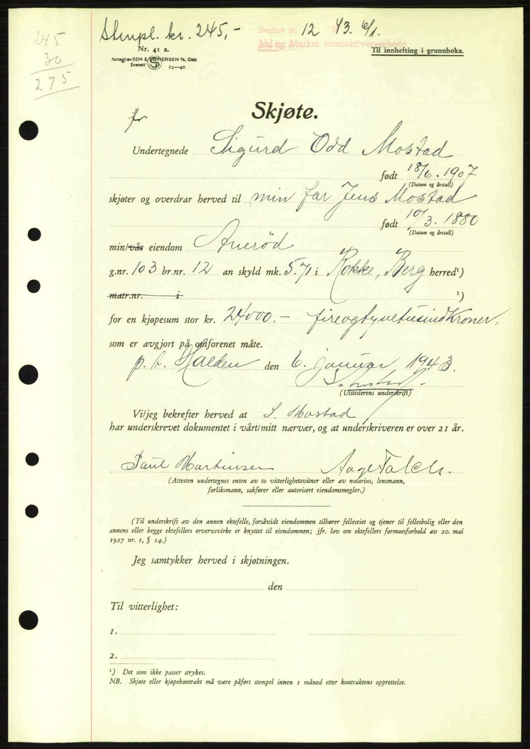 Idd og Marker sorenskriveri, AV/SAO-A-10283/G/Gb/Gbb/L0005: Mortgage book no. A5, 1941-1943, Diary no: : 12/1943