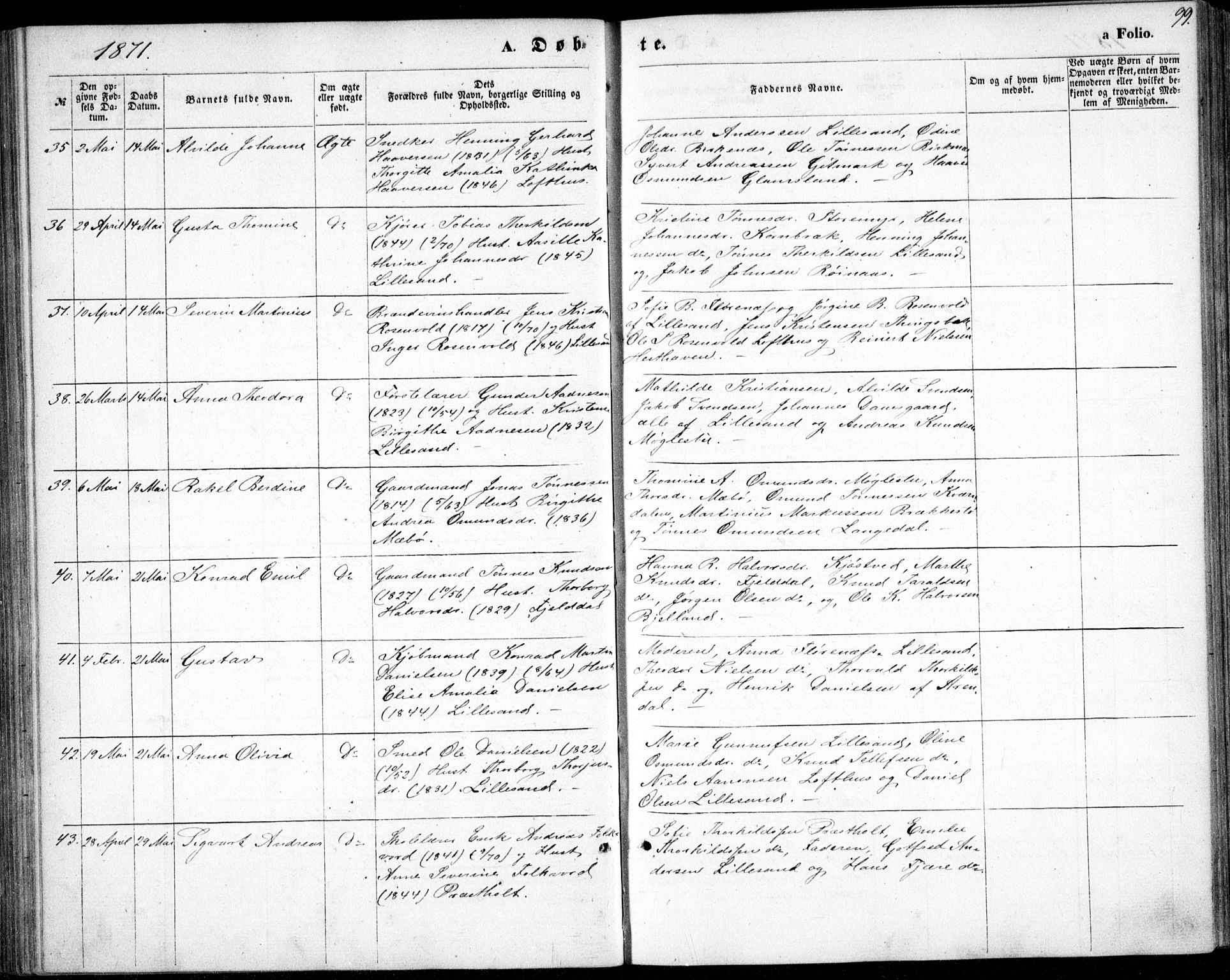 Vestre Moland sokneprestkontor, AV/SAK-1111-0046/F/Fb/Fbb/L0004: Parish register (copy) no. B 4, 1861-1872, p. 99