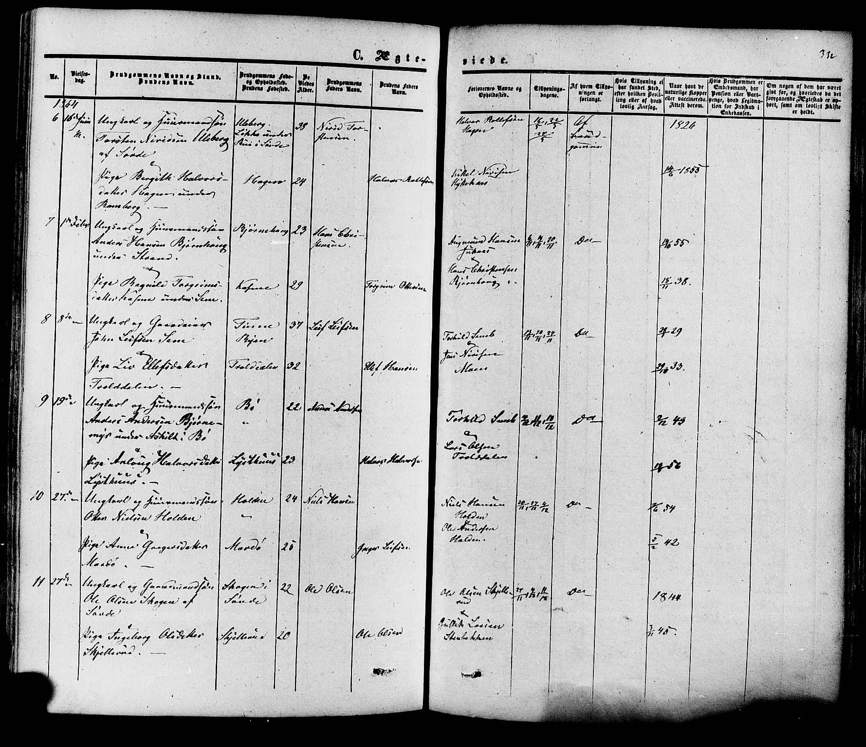 Heddal kirkebøker, SAKO/A-268/F/Fa/L0007: Parish register (official) no. I 7, 1855-1877, p. 332