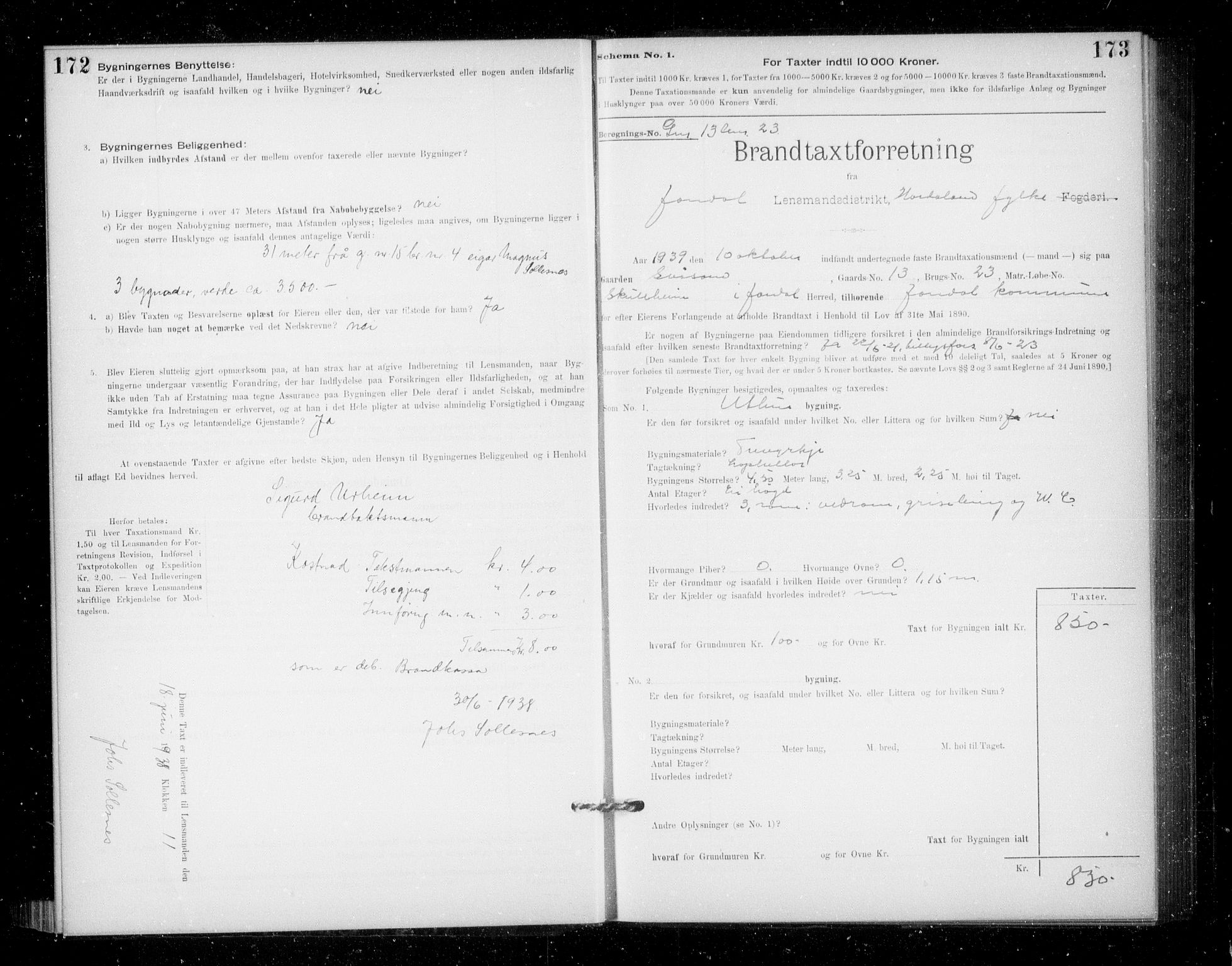 Lensmannen i Jondal, SAB/A-33101/0012/L0005: Branntakstprotokoll, skjematakst, 1894-1951, p. 172-173