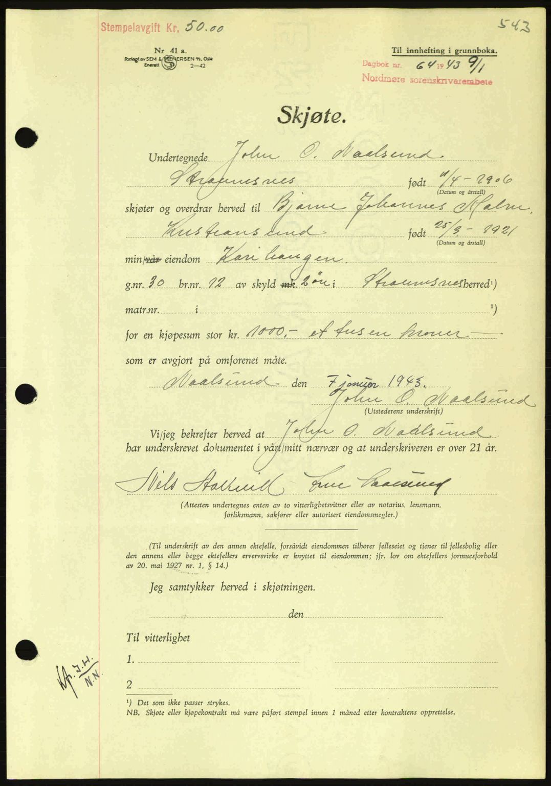 Nordmøre sorenskriveri, AV/SAT-A-4132/1/2/2Ca: Mortgage book no. A94, 1942-1943, Diary no: : 64/1943