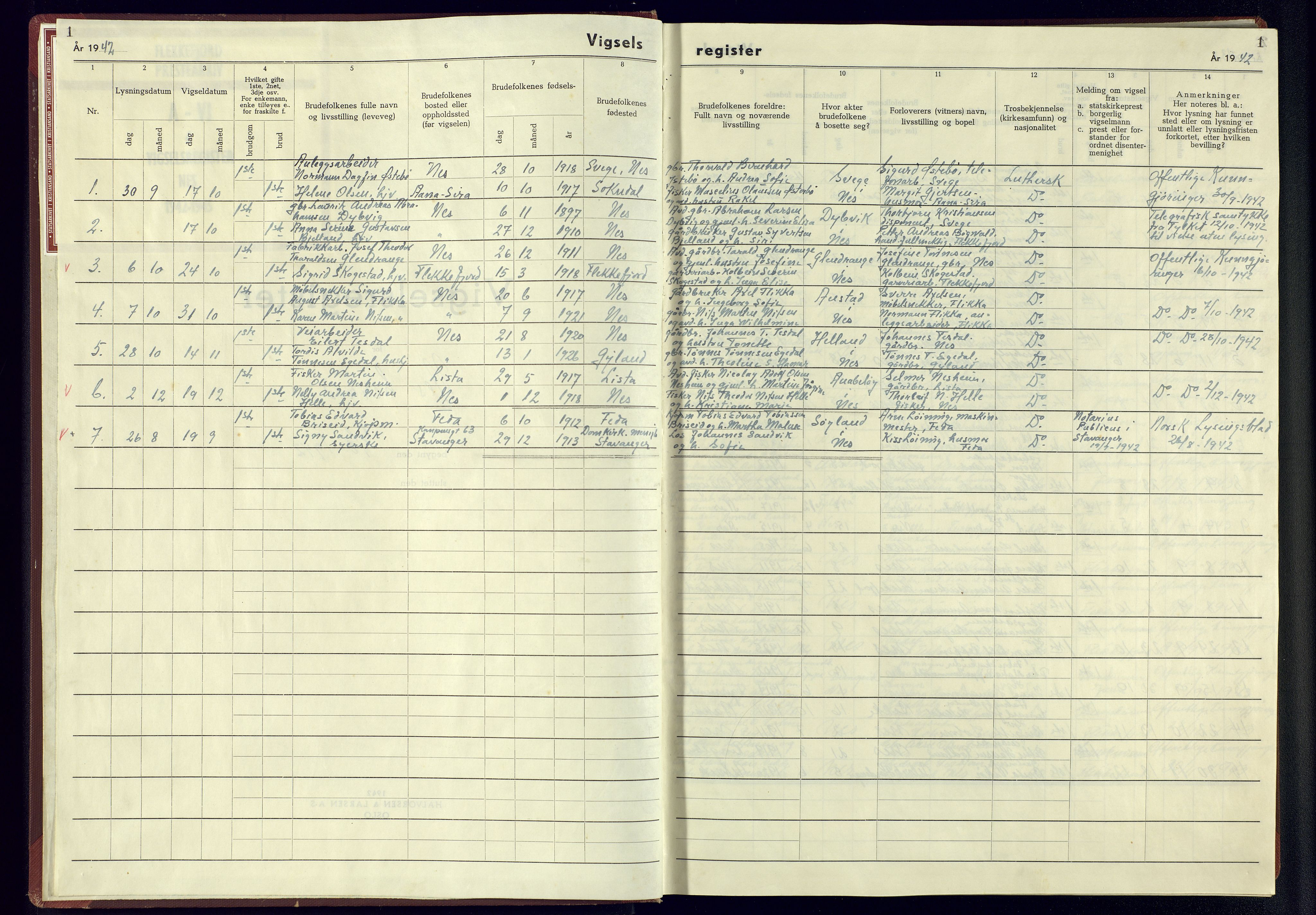 Flekkefjord sokneprestkontor, SAK/1111-0012/J/Jb/L0005: Marriage register no. A-VI-6, 1942-1945, p. 1