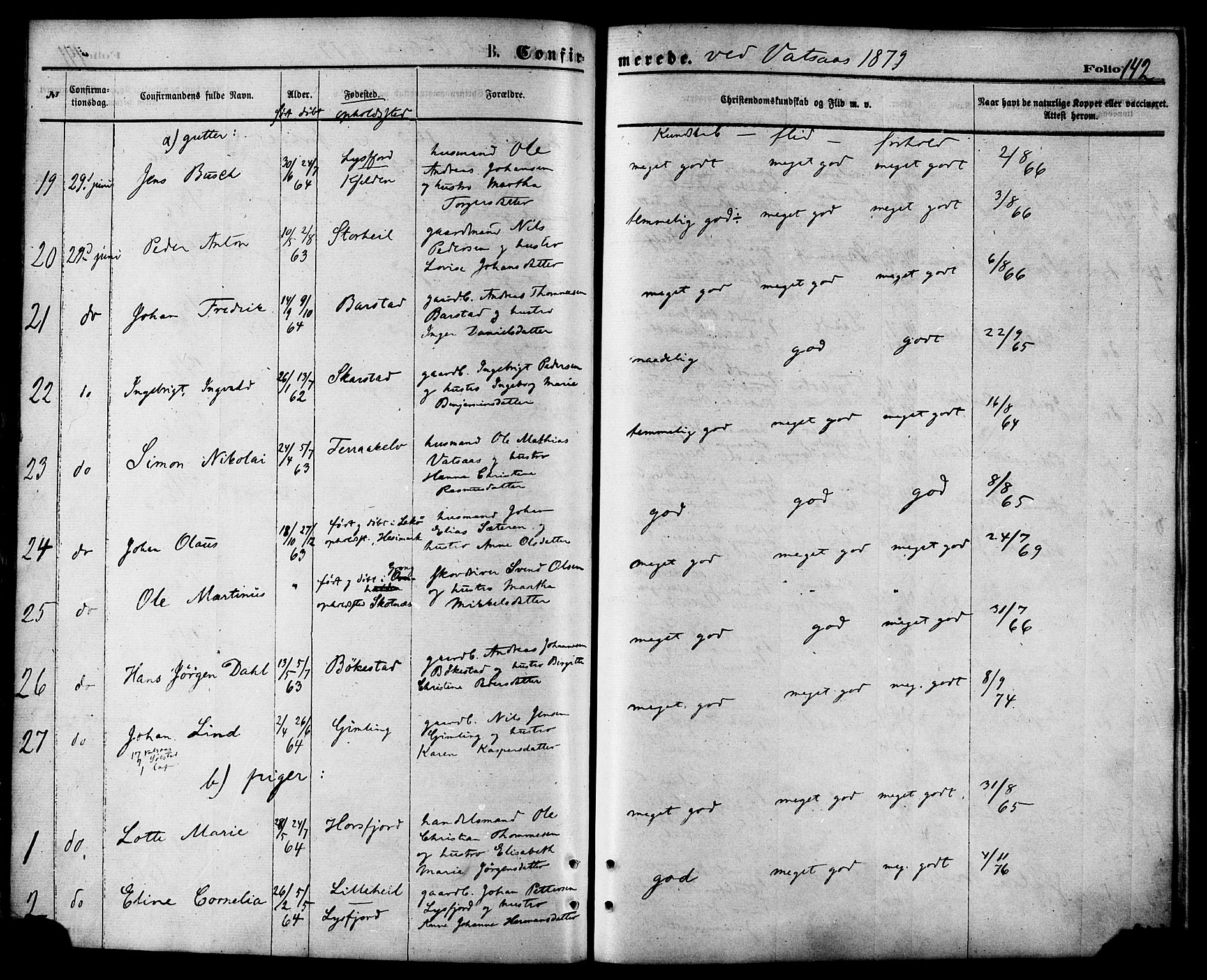 Ministerialprotokoller, klokkerbøker og fødselsregistre - Nordland, AV/SAT-A-1459/810/L0148: Parish register (official) no. 810A09 /1, 1874-1884, p. 142