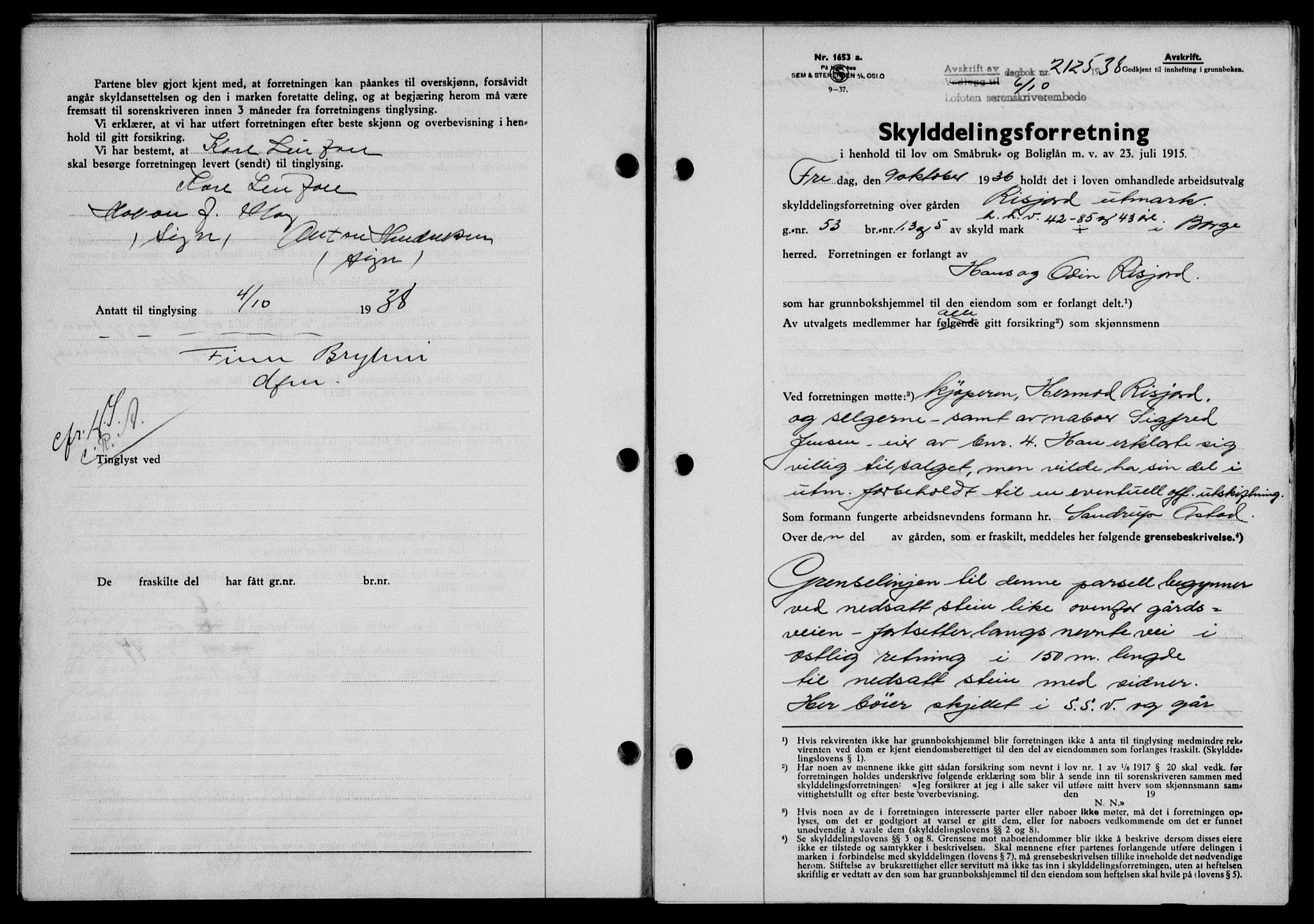 Lofoten sorenskriveri, SAT/A-0017/1/2/2C/L0004a: Mortgage book no. 4a, 1938-1938, Diary no: : 2125/1938