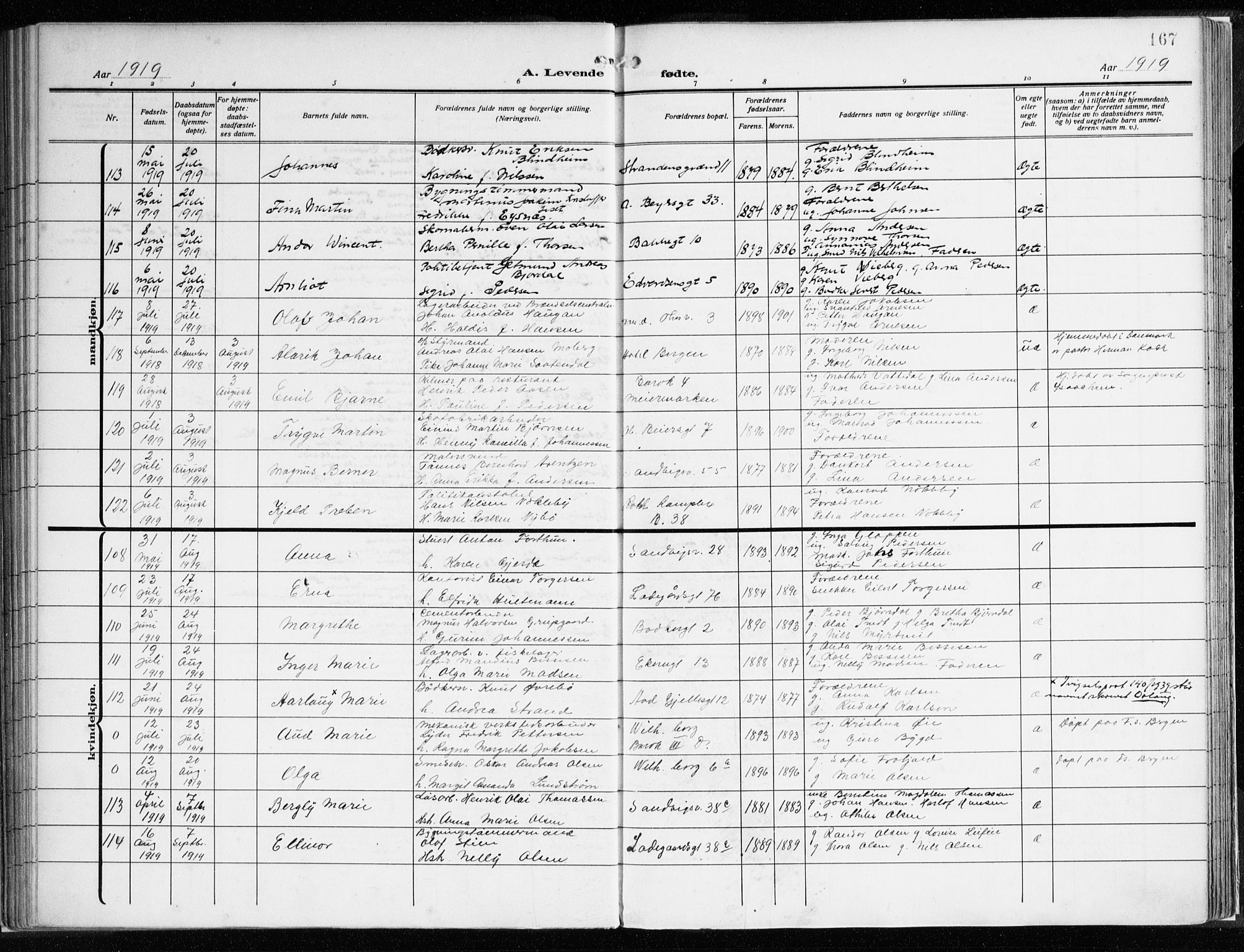 Sandviken Sokneprestembete, AV/SAB-A-77601/H/Ha/L0007: Parish register (official) no. B 4, 1912-1924, p. 167