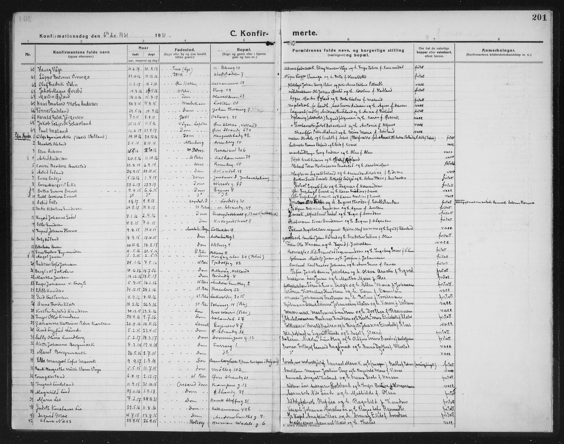 Domkirken sokneprestkontor, AV/SAST-A-101812/002/A/L0019: Parish register (official) no. A 35, 1916-1932, p. 201