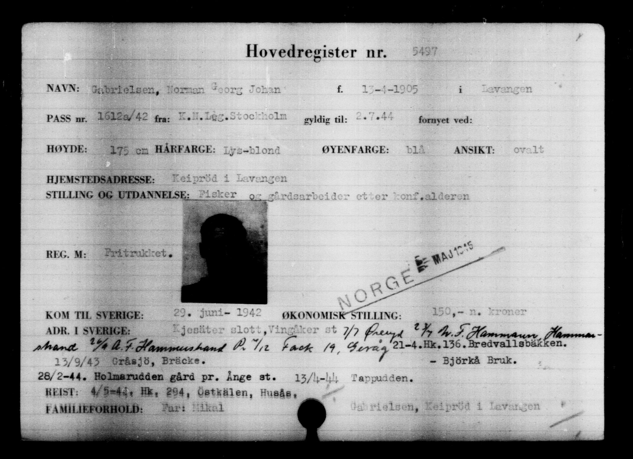 Den Kgl. Norske Legasjons Flyktningskontor, AV/RA-S-6753/V/Va/L0004: Kjesäterkartoteket.  Flyktningenr. 3496-6610, 1940-1945, p. 2316
