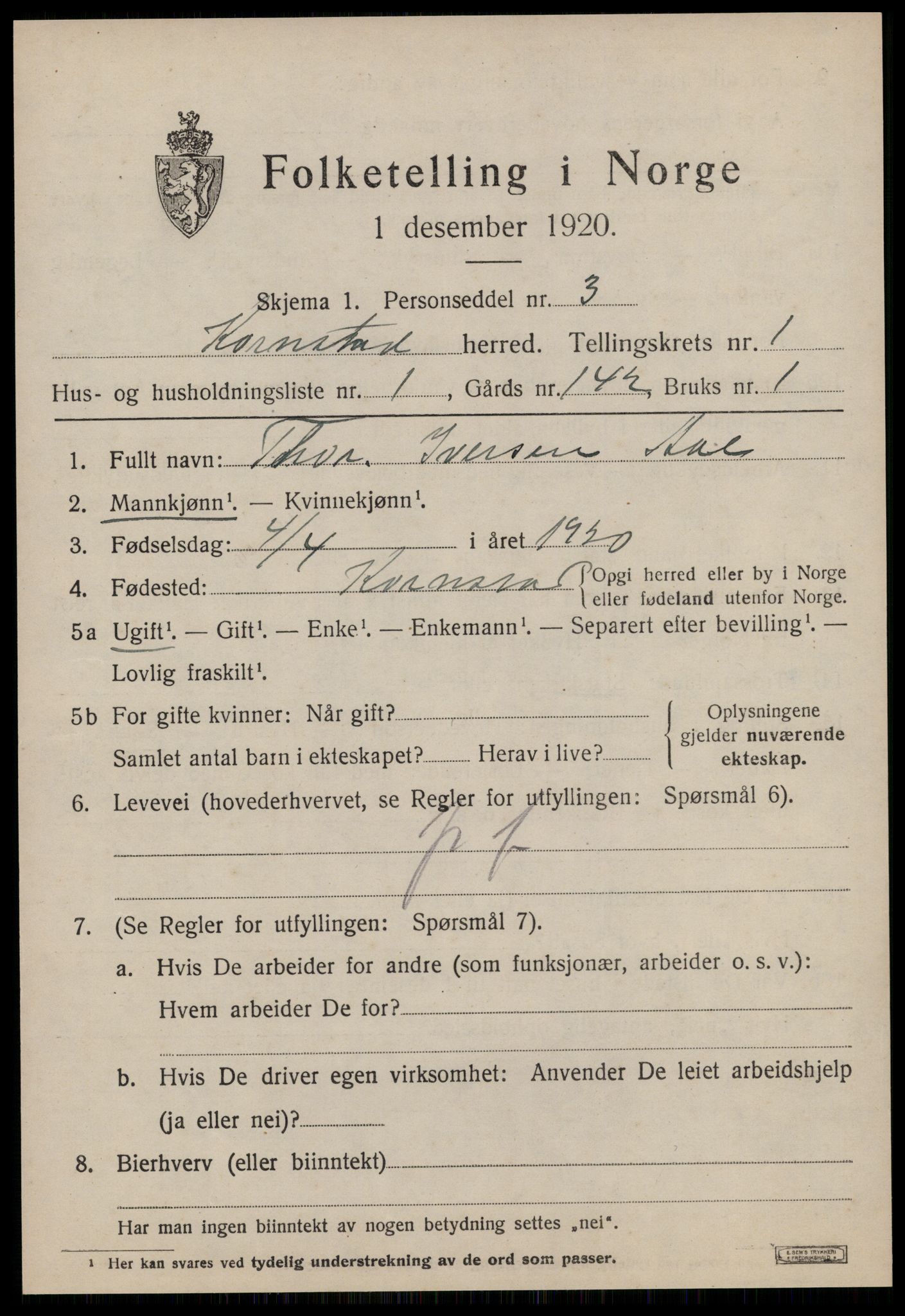 SAT, 1920 census for Kornstad, 1920, p. 593