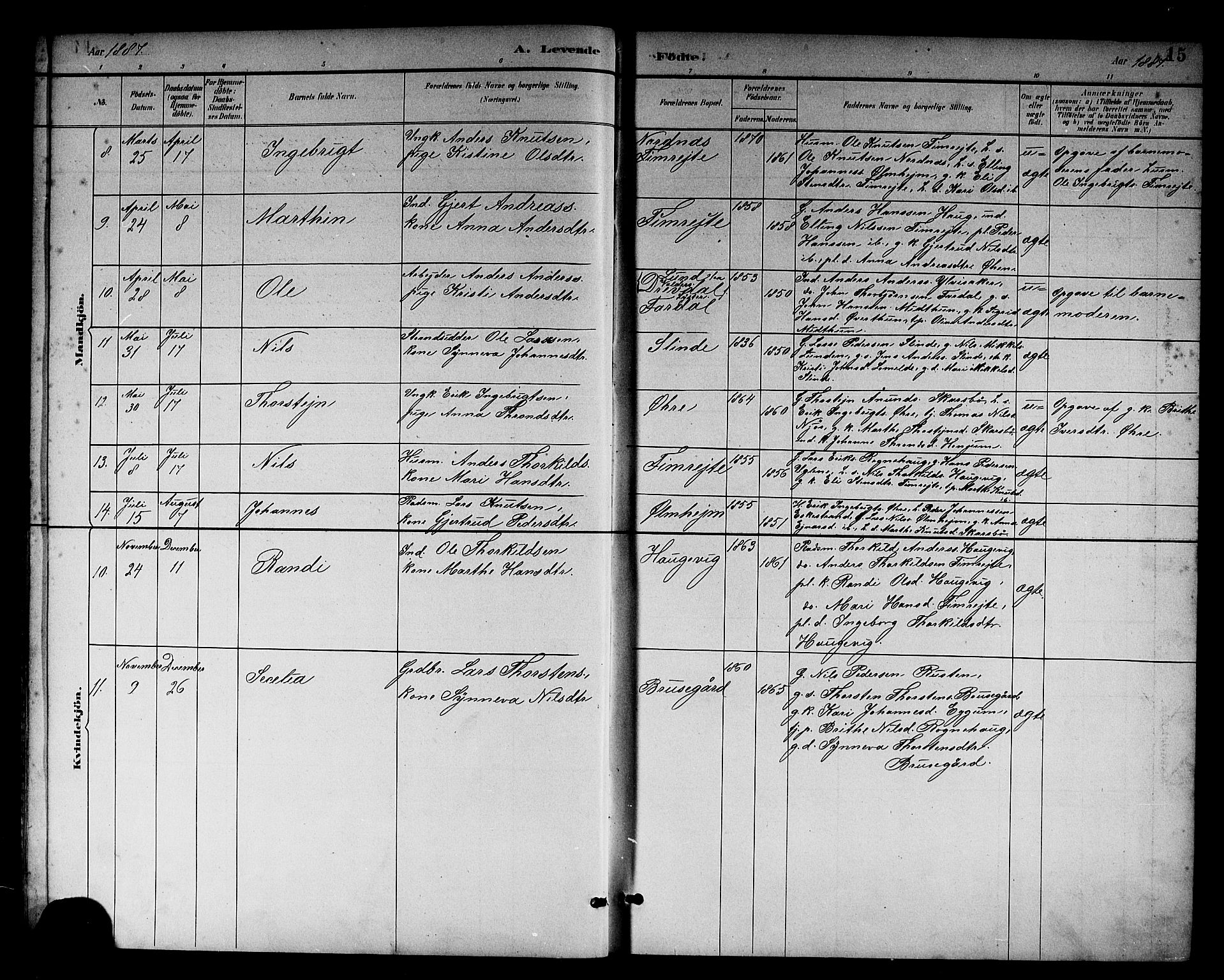 Sogndal sokneprestembete, SAB/A-81301/H/Hab/Habc/L0002: Parish register (copy) no. C 2, 1884-1910, p. 15