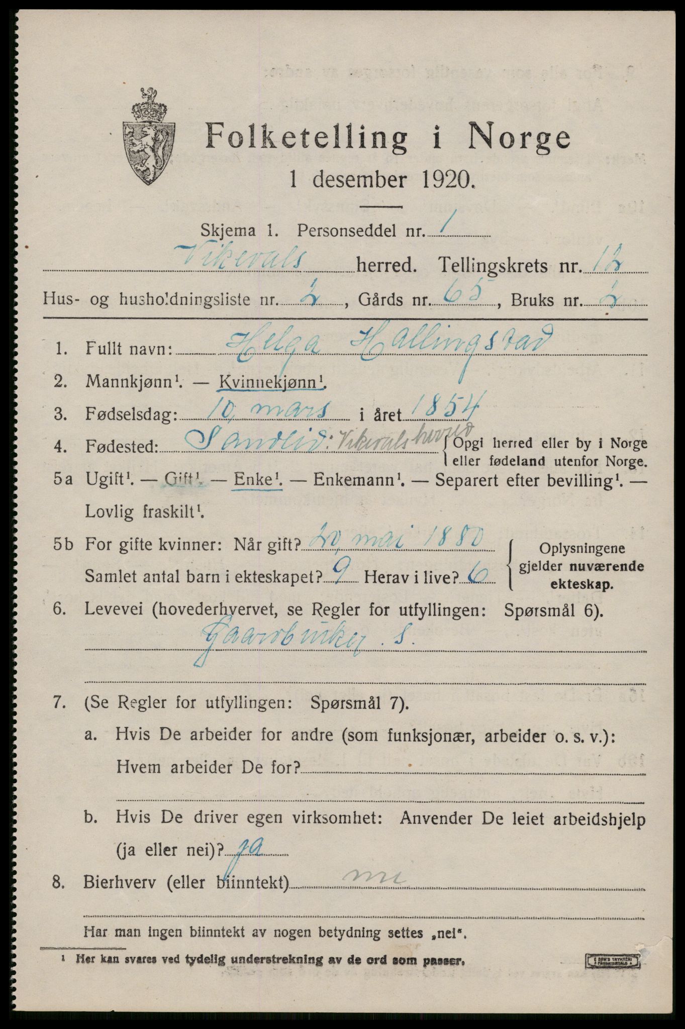 SAST, 1920 census for Vikedal, 1920, p. 3771