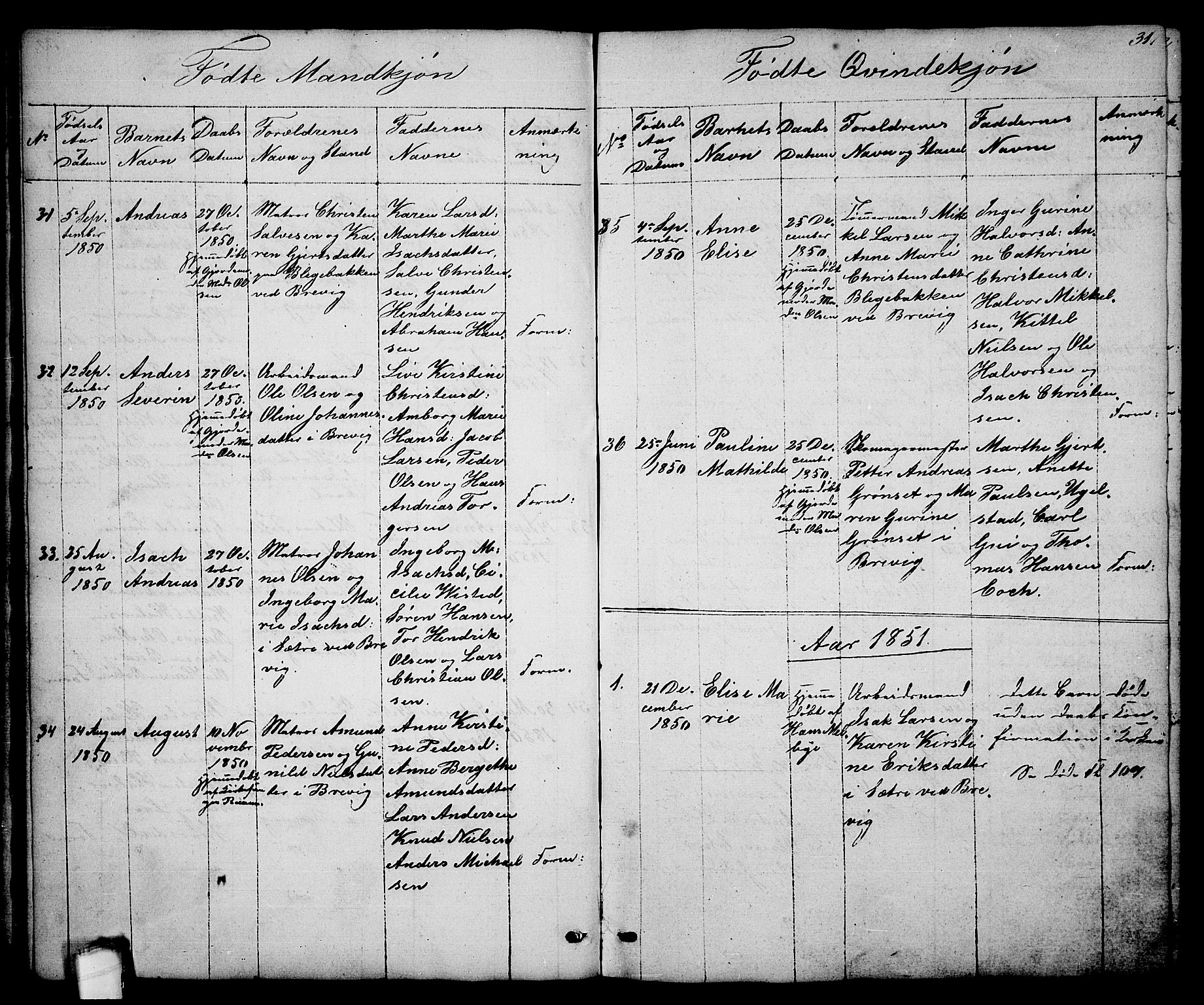 Brevik kirkebøker, AV/SAKO-A-255/G/Ga/L0002: Parish register (copy) no. 2, 1846-1865, p. 31