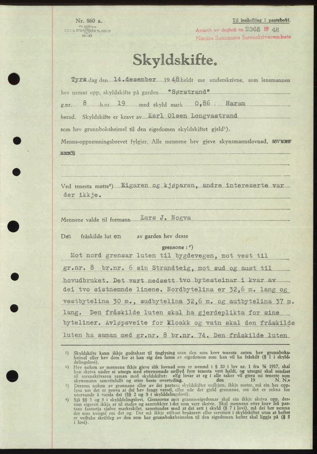 Nordre Sunnmøre sorenskriveri, AV/SAT-A-0006/1/2/2C/2Ca: Mortgage book no. A29, 1948-1949, Diary no: : 2365/1948