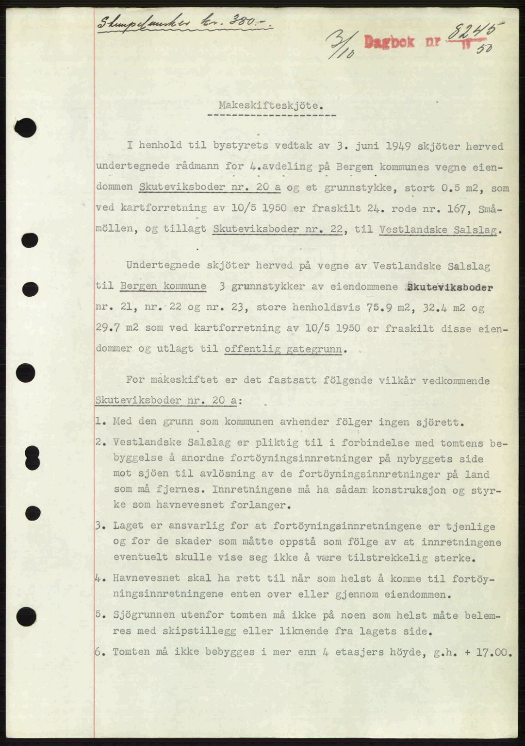 Byfogd og Byskriver i Bergen, AV/SAB-A-3401/03/03Bc/L0034: Mortgage book no. A27-28, 1950-1950, Diary no: : 8245/1950