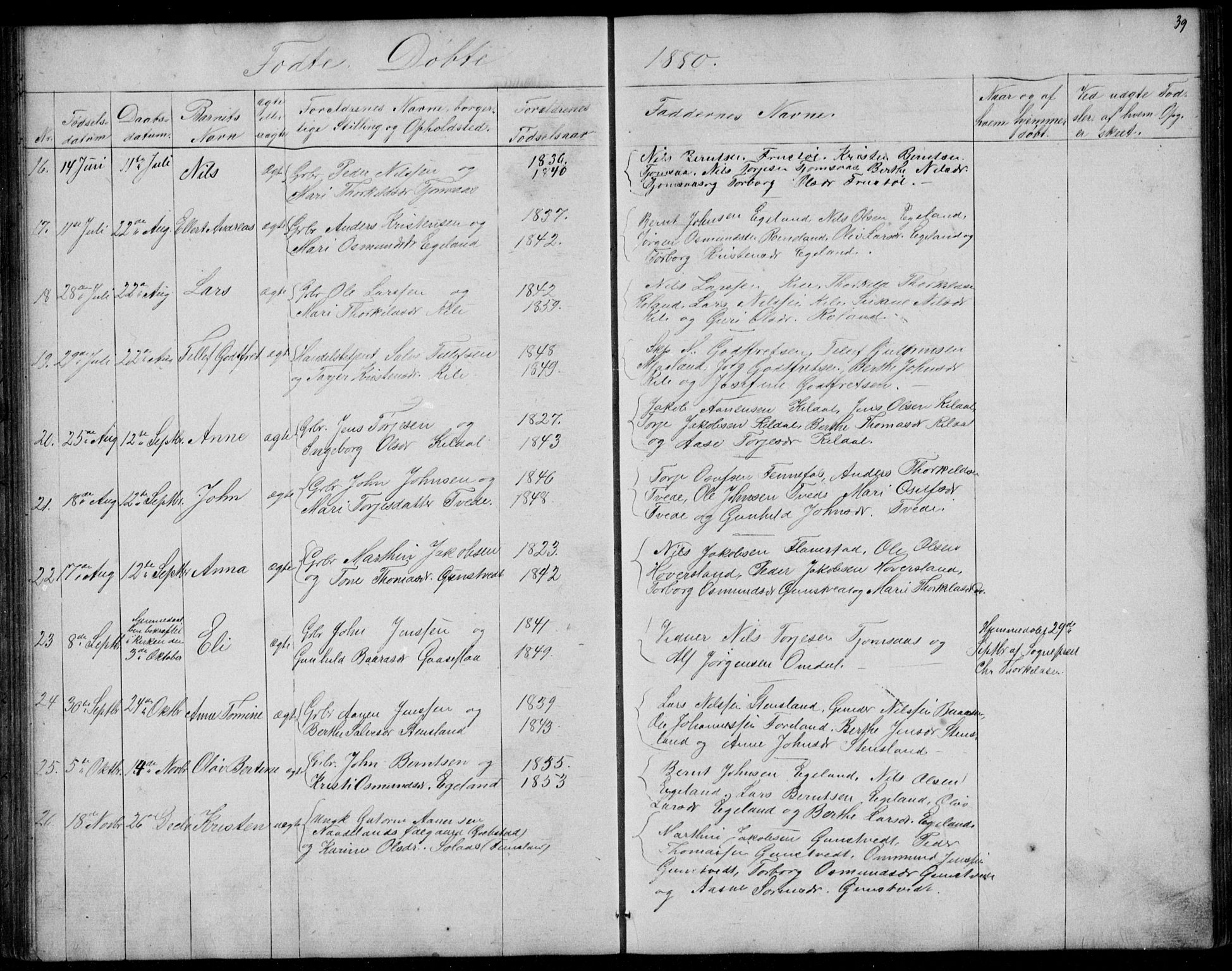 Vennesla sokneprestkontor, AV/SAK-1111-0045/Fb/Fba/L0002: Parish register (copy) no. B 2, 1859-1889, p. 39