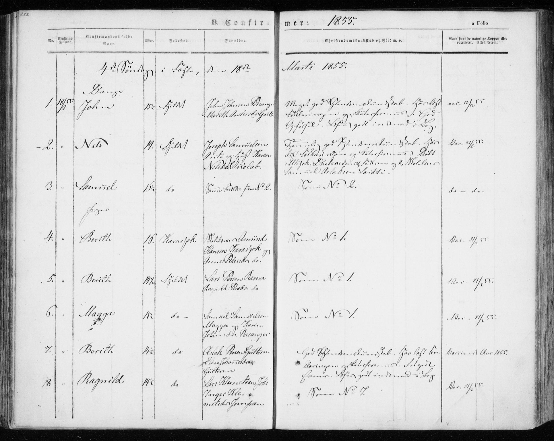 Kistrand/Porsanger sokneprestembete, SATØ/S-1351/H/Ha/L0012.kirke: Parish register (official) no. 12, 1843-1871, p. 222-223