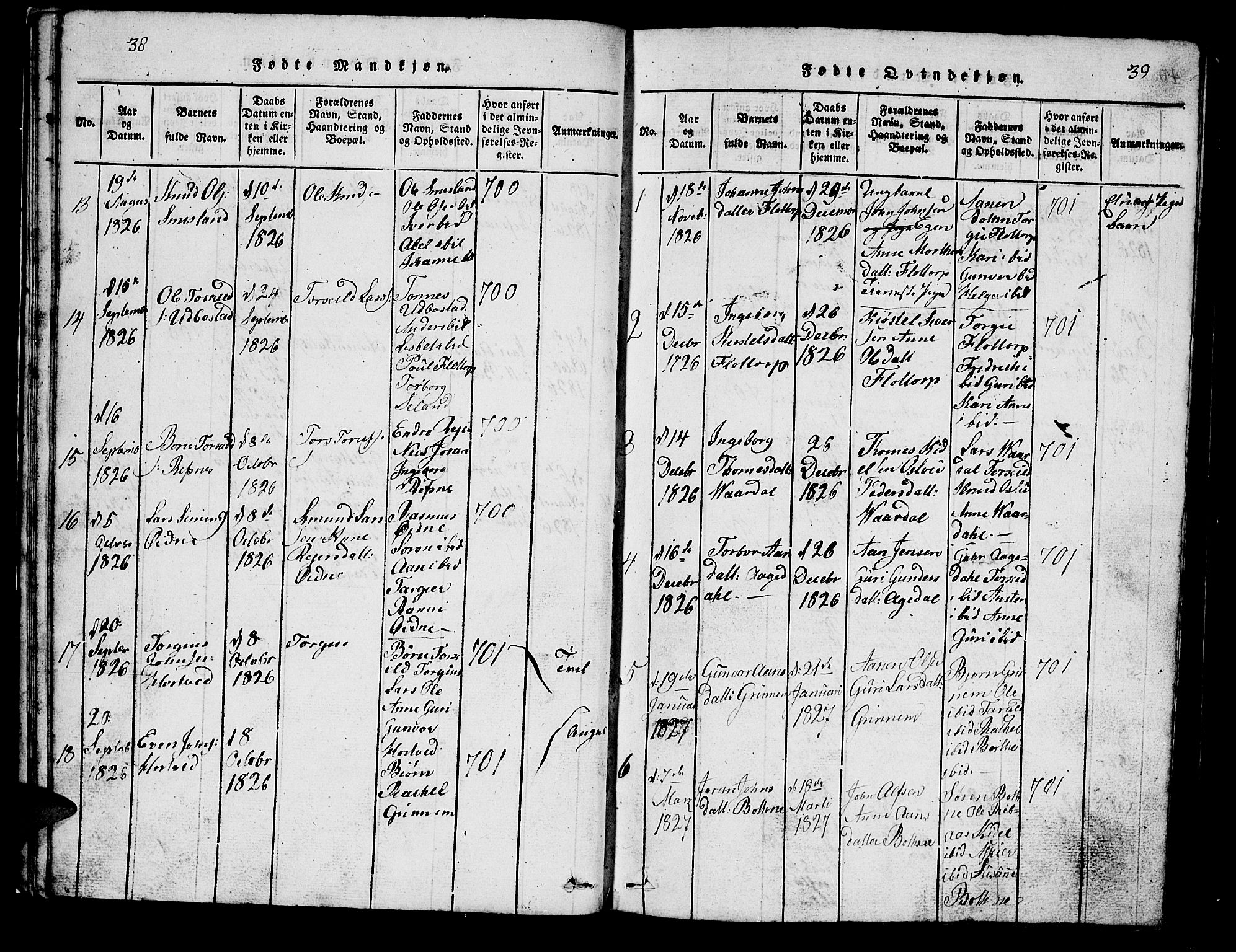 Bjelland sokneprestkontor, AV/SAK-1111-0005/F/Fb/Fbc/L0001: Parish register (copy) no. B 1, 1815-1870, p. 38-39