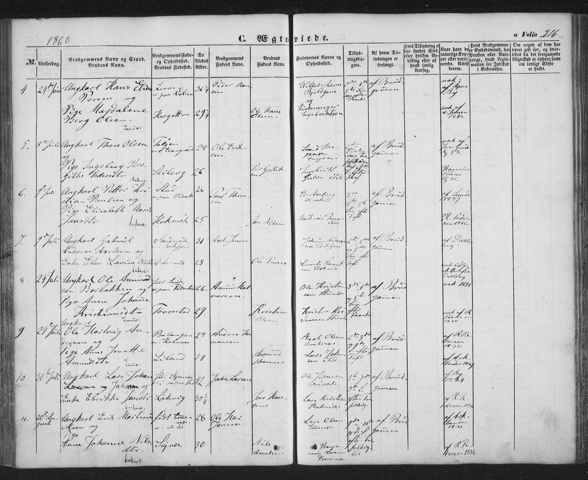 Ministerialprotokoller, klokkerbøker og fødselsregistre - Nordland, AV/SAT-A-1459/863/L0895: Parish register (official) no. 863A07, 1851-1860, p. 216