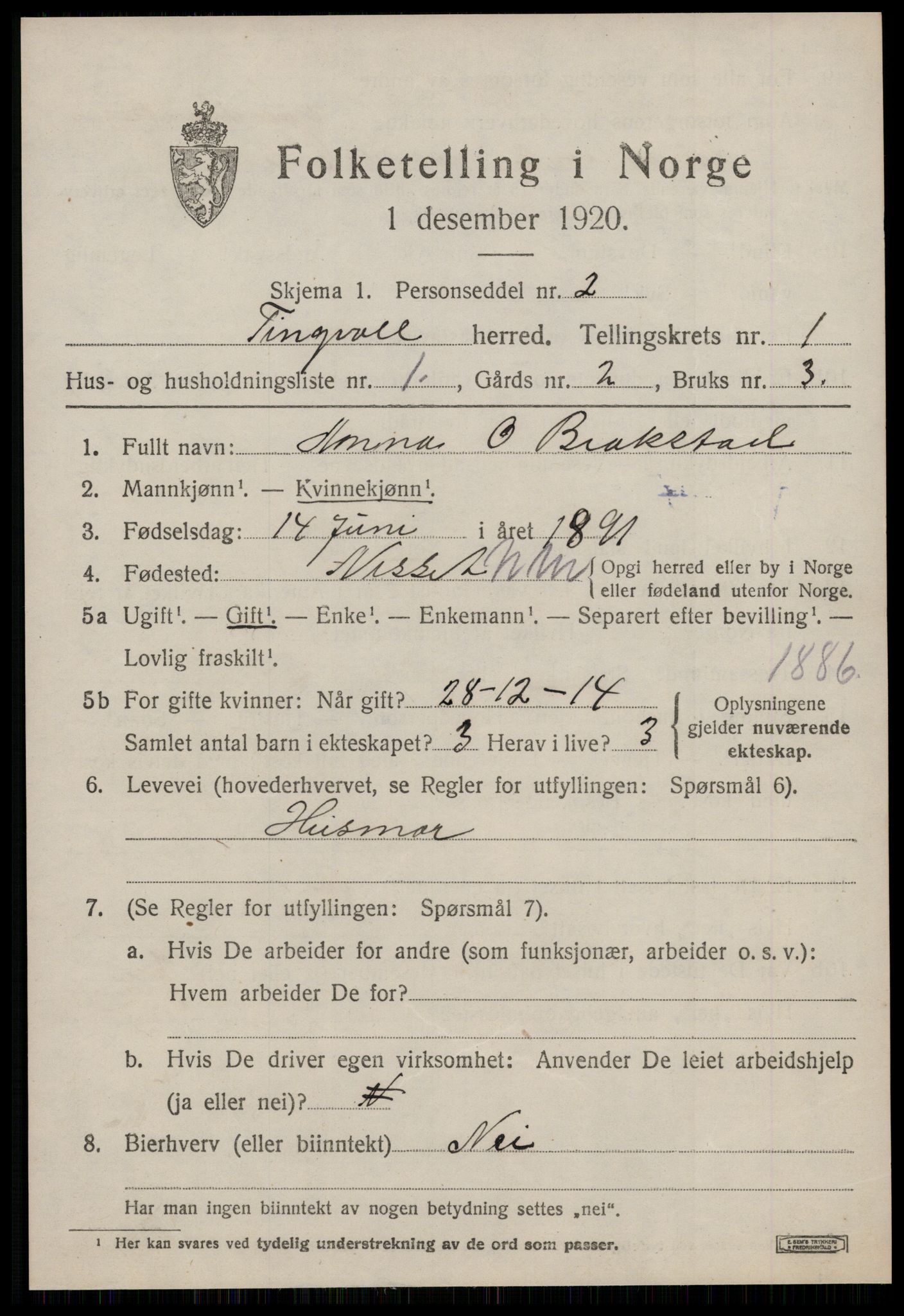 SAT, 1920 census for Tingvoll, 1920, p. 1034