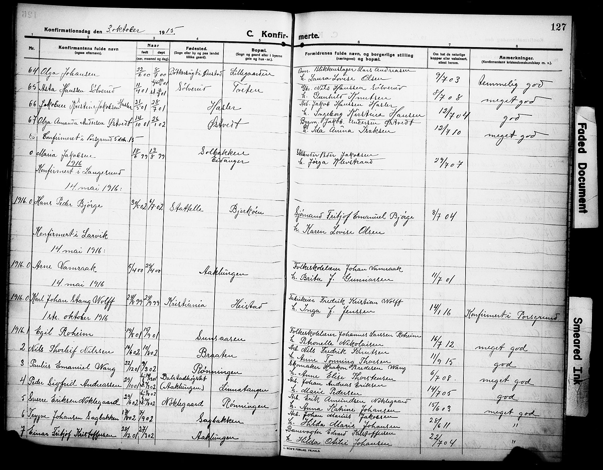 Eidanger kirkebøker, AV/SAKO-A-261/G/Ga/L0004: Parish register (copy) no. 4, 1912-1927, p. 127