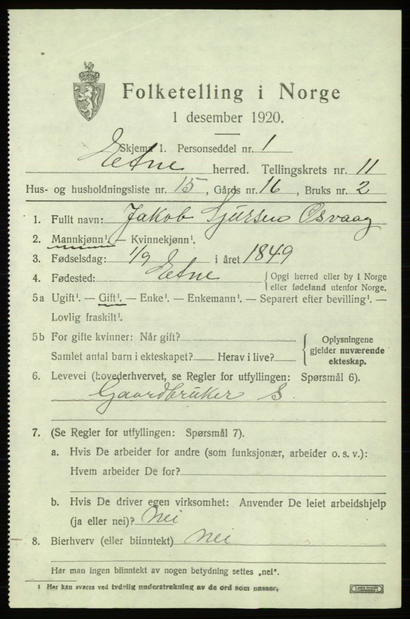 SAB, 1920 census for Etne, 1920, p. 4849