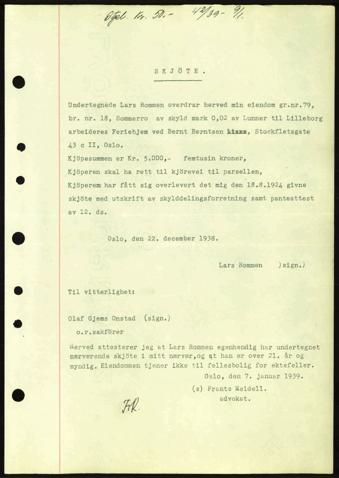 Hadeland og Land tingrett, AV/SAH-TING-010/H/Hb/Hbb/L0077: Mortgage book no. A77, 1938-1939, Diary no: : 42/1939
