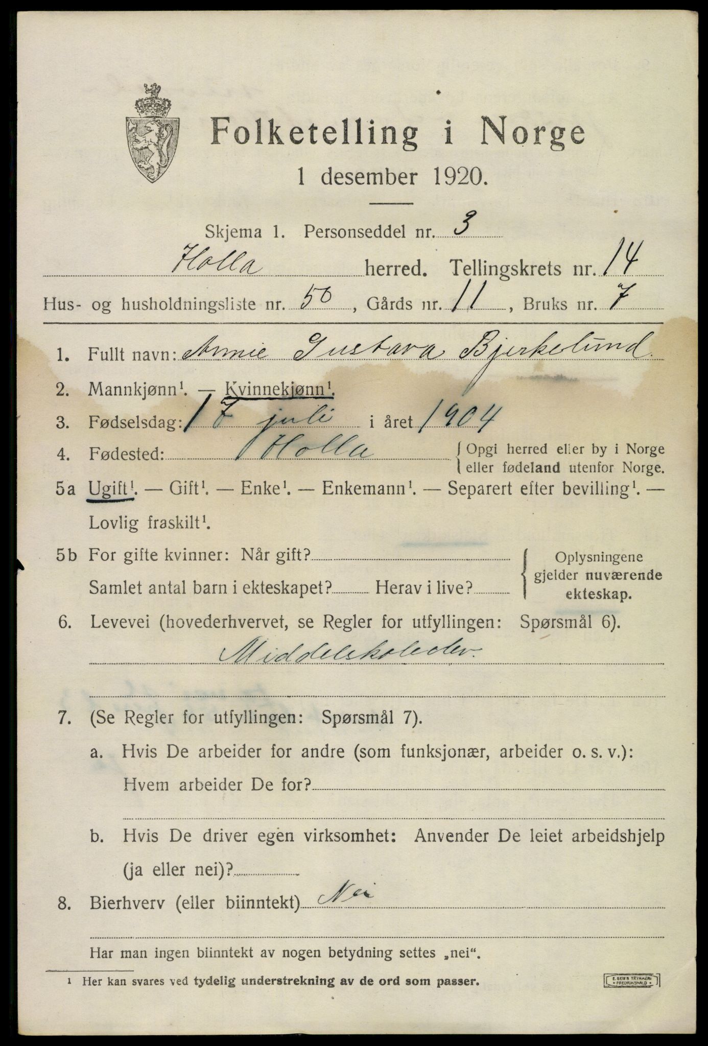 SAKO, 1920 census for Holla, 1920, p. 8487