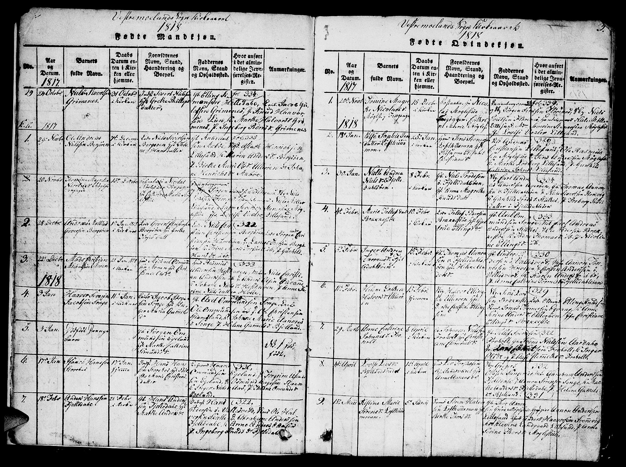 Vestre Moland sokneprestkontor, SAK/1111-0046/F/Fb/Fbb/L0001: Parish register (copy) no. B 1, 1816-1851, p. 3