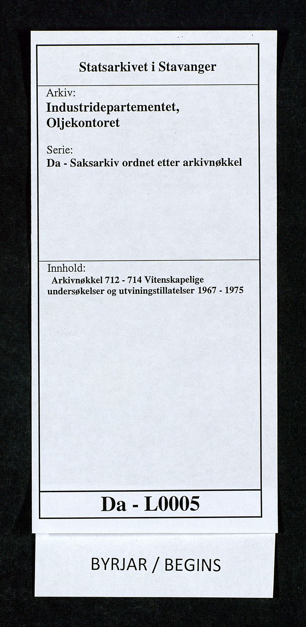 Industridepartementet, Oljekontoret, AV/SAST-A-101348/Da/L0005:  Arkivnøkkel 712 - 714 Vitenskapelige undersøkelser og utviningstillatelser, 1967-1975, p. 1