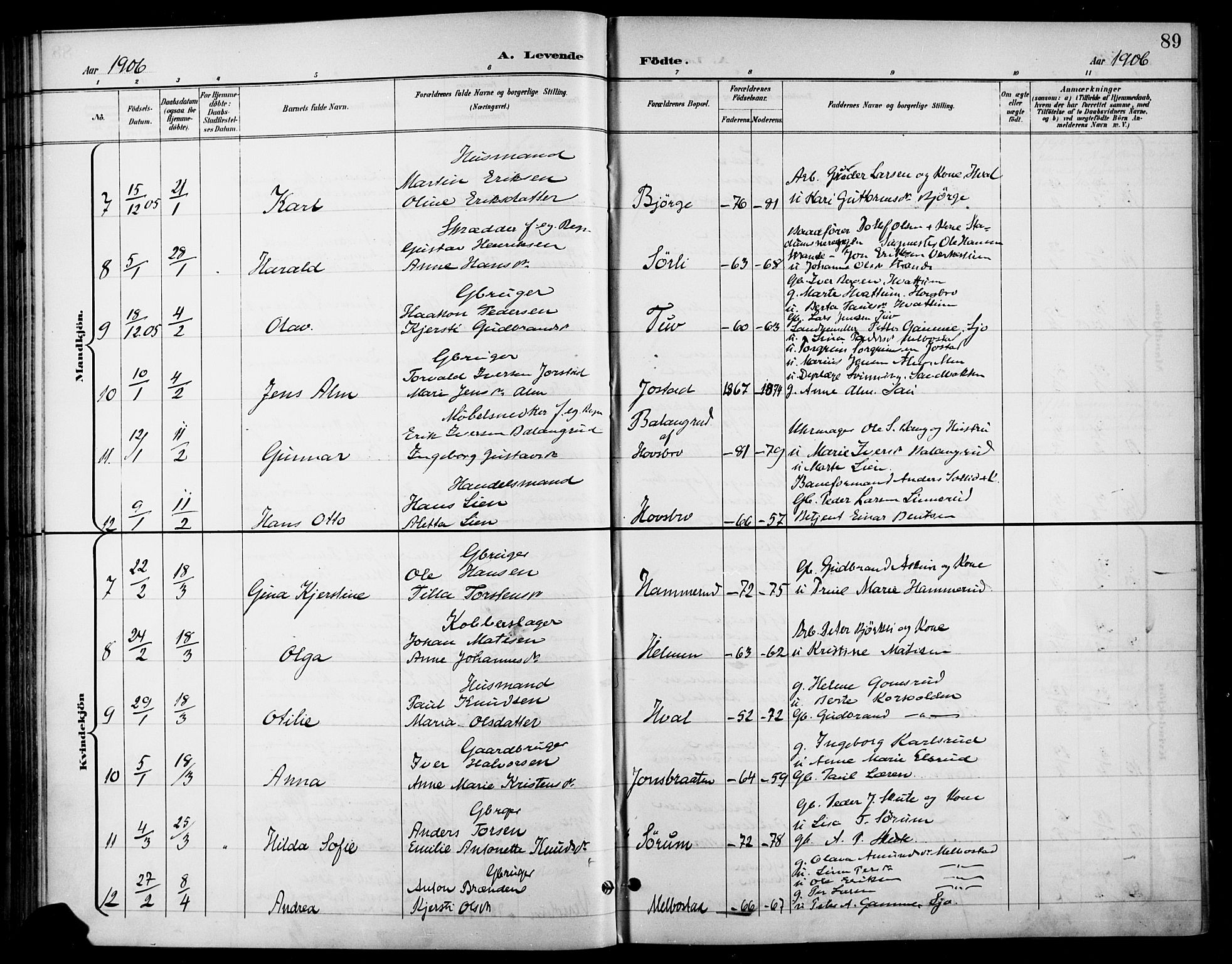 Gran prestekontor, SAH/PREST-112/H/Ha/Haa/L0019: Parish register (official) no. 19, 1898-1907, p. 89