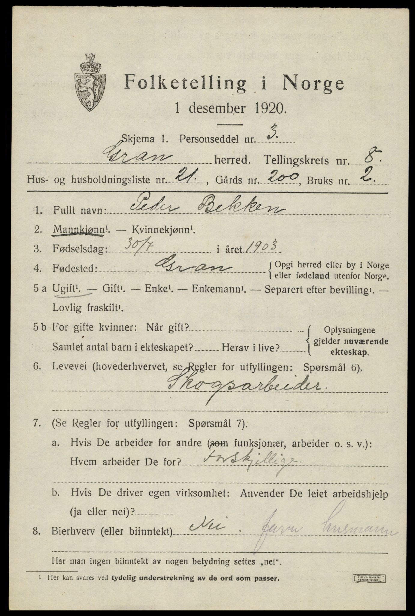 SAH, 1920 census for Gran, 1920, p. 10710