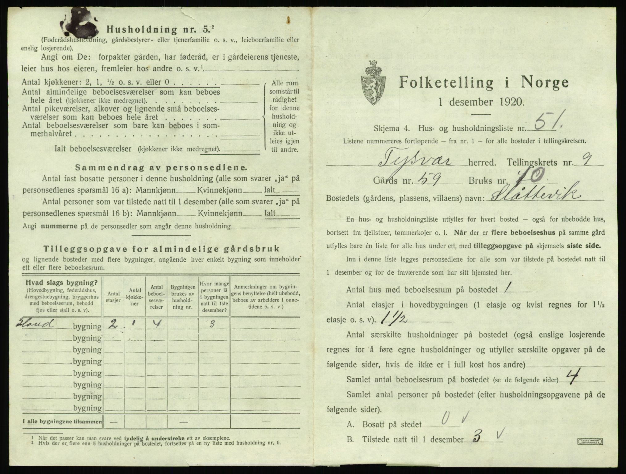 SAST, 1920 census for Tysvær, 1920, p. 838